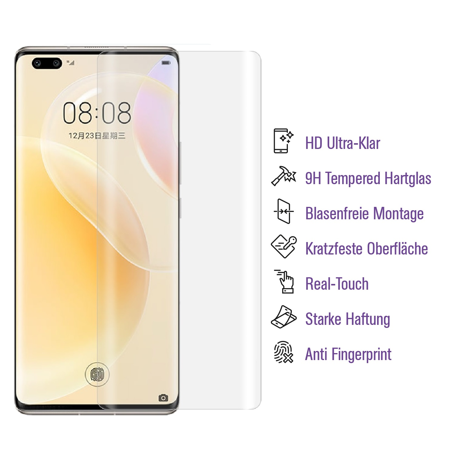 Smartphone mit angebrachtem Displayschutz und eine Box mit aufgelisteten Funktionen daneben.