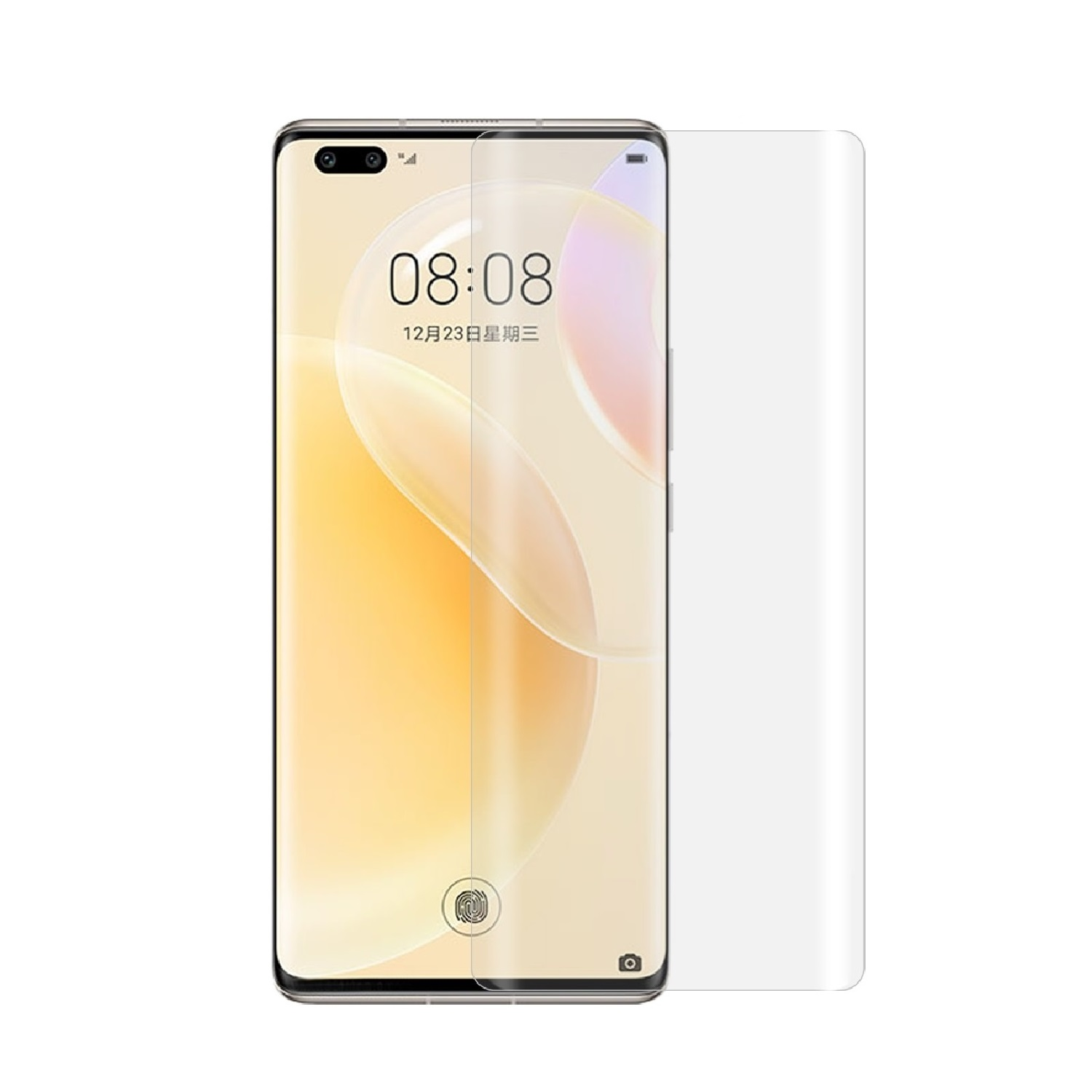 Smartphone mit aufgebrachter Displayschutzfolie, die eine digitale Oberfläche anzeigt.