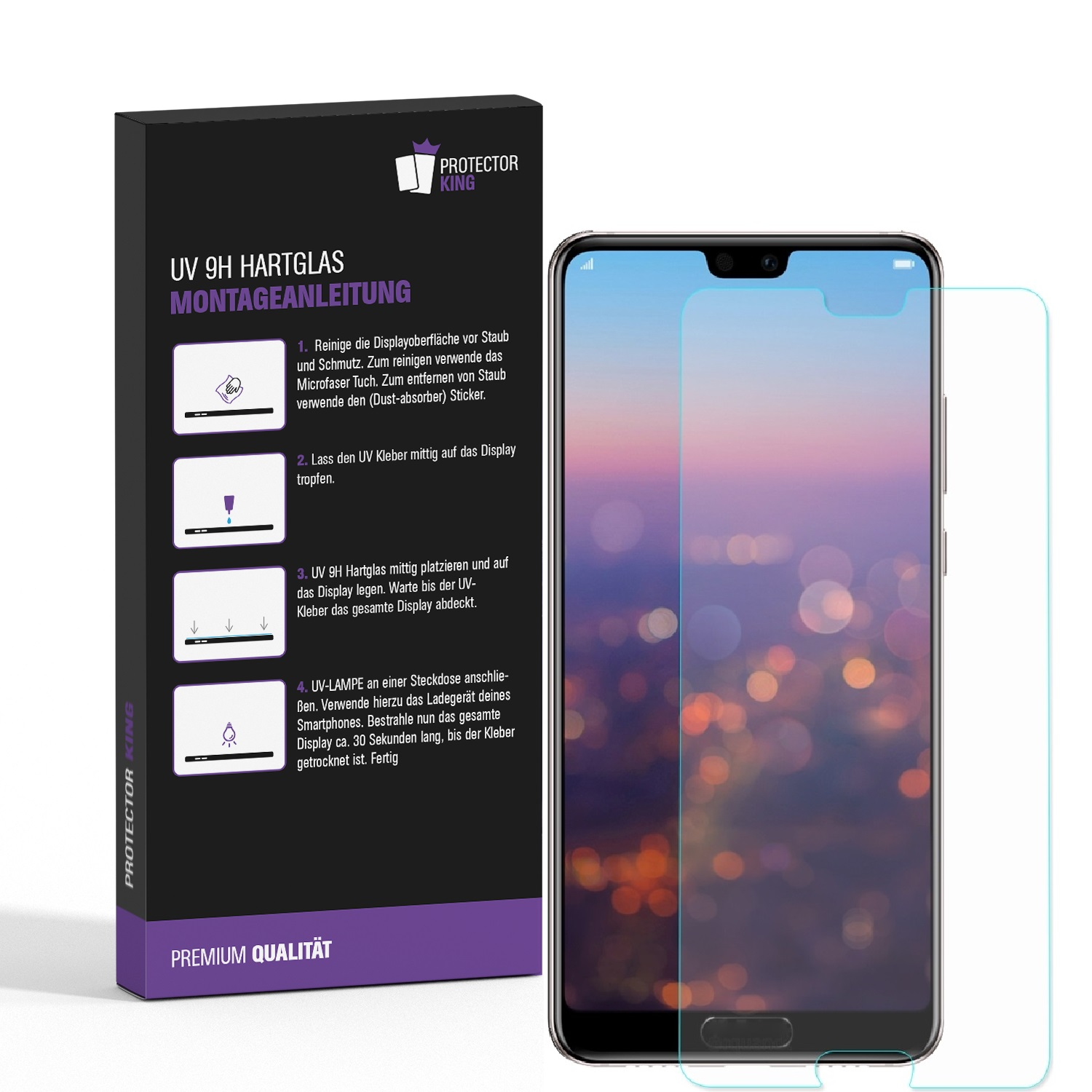 Telefon mit Anweisungen zur Displayschutzfolienanbringung und dem Schutz selbst.
