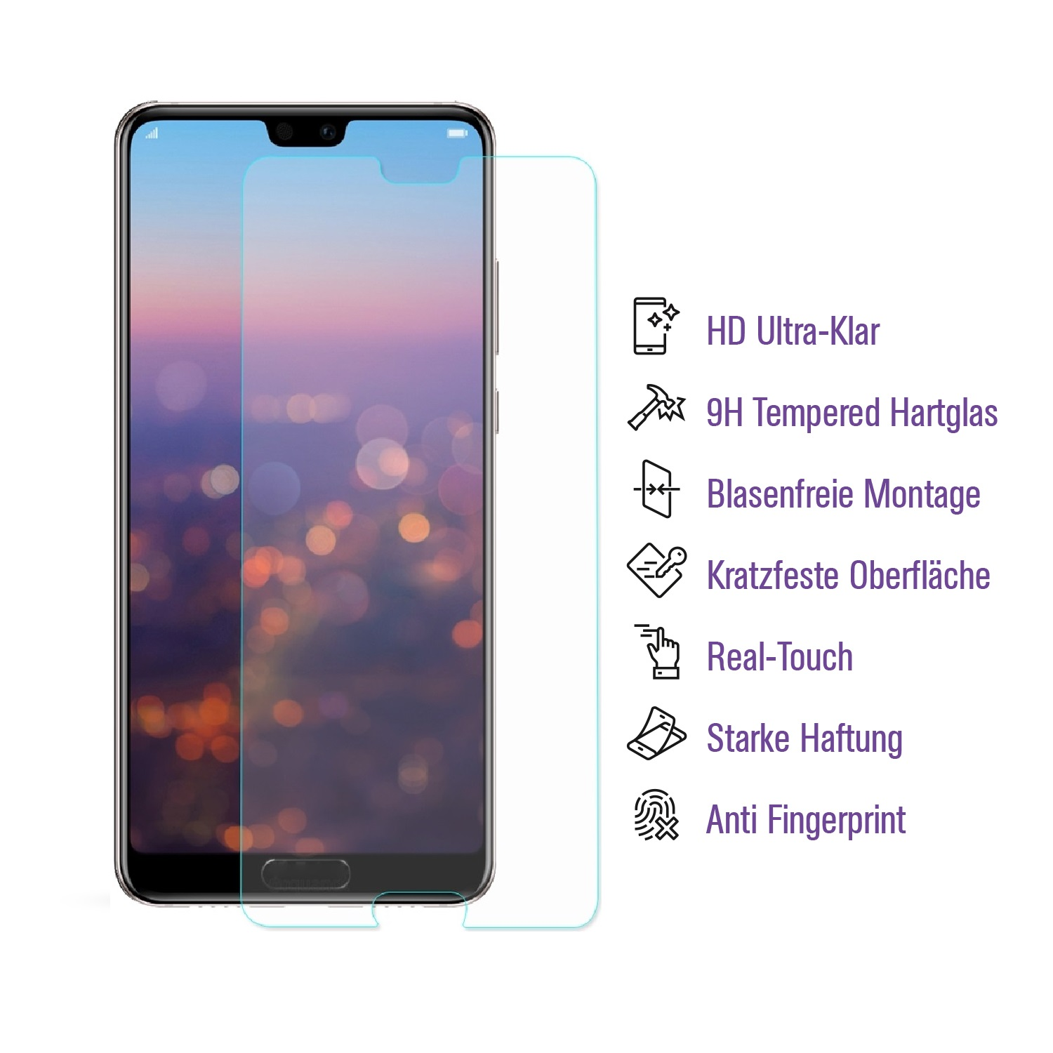 Smartphone mit Displayschutz und Symbolen, die Funktionen zeigen.