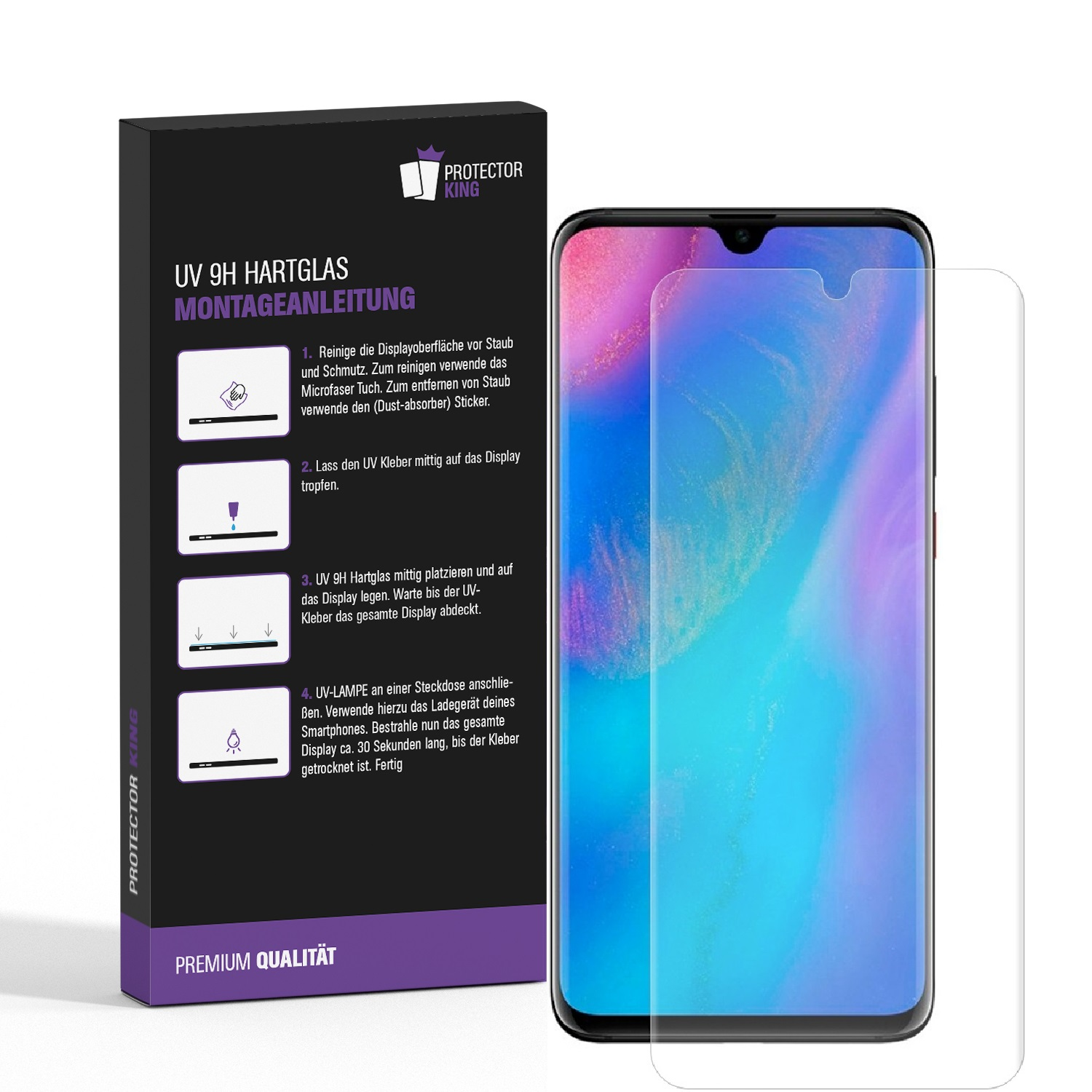 Eine Displayschutzfolienbox und ein Telefon mit Schutzfolie. Box zeigt Anweisungen. Weißer Hintergrund.