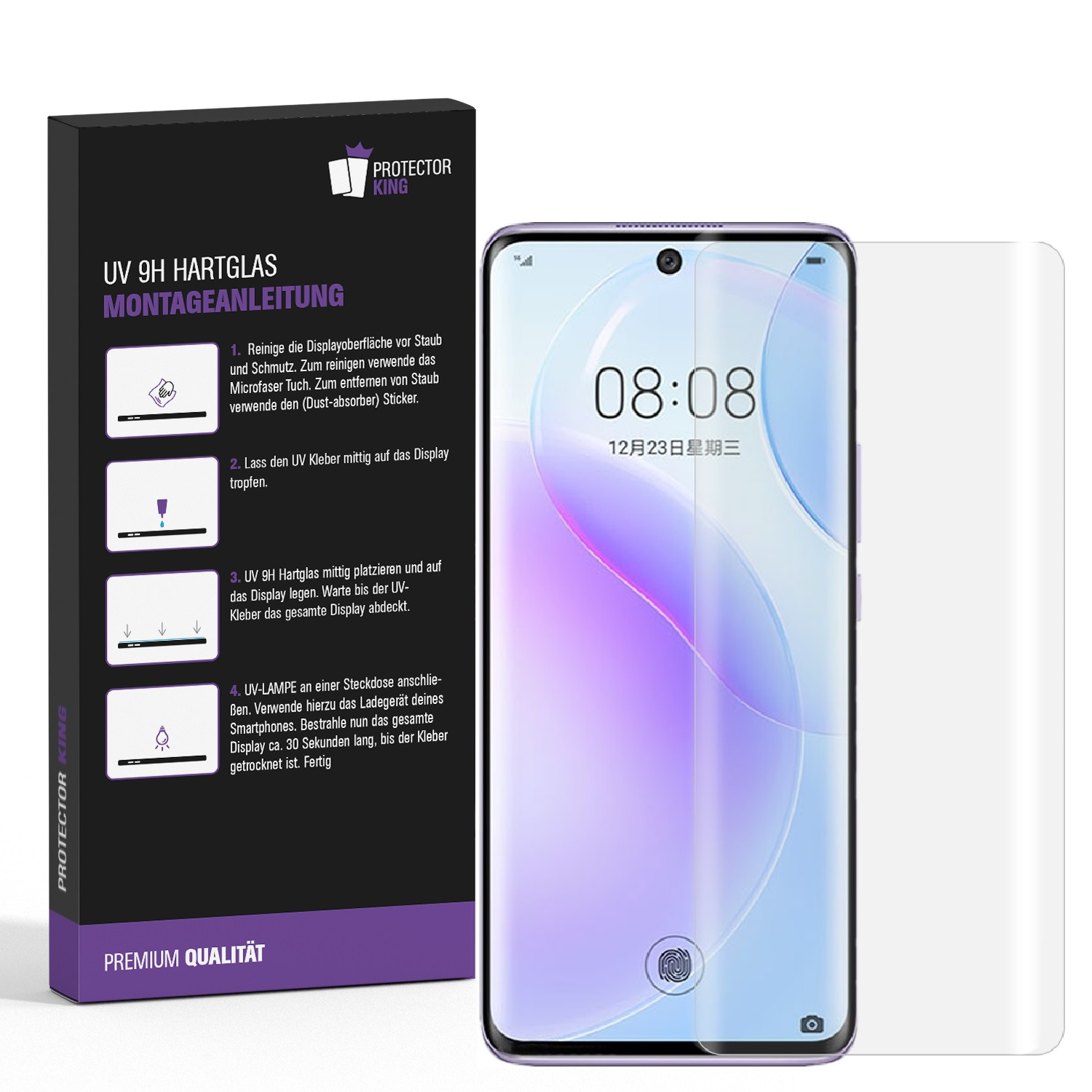 Ein Telefon und ein Displayschutz-Kit mit Anweisungen und einer Box.