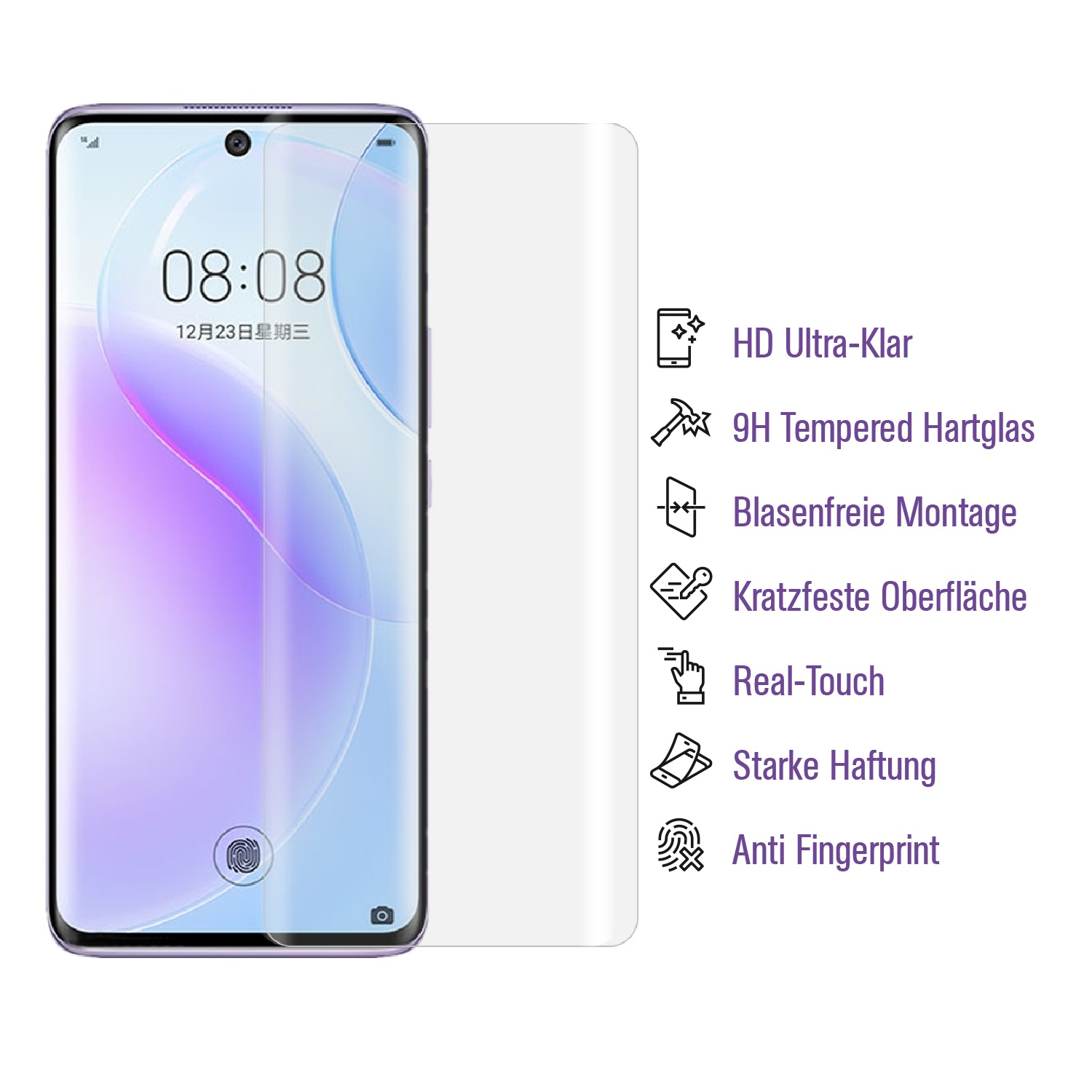 Smartphone mit Displayschutz, der Zeit und Datum sowie Symbole und Text anzeigt.