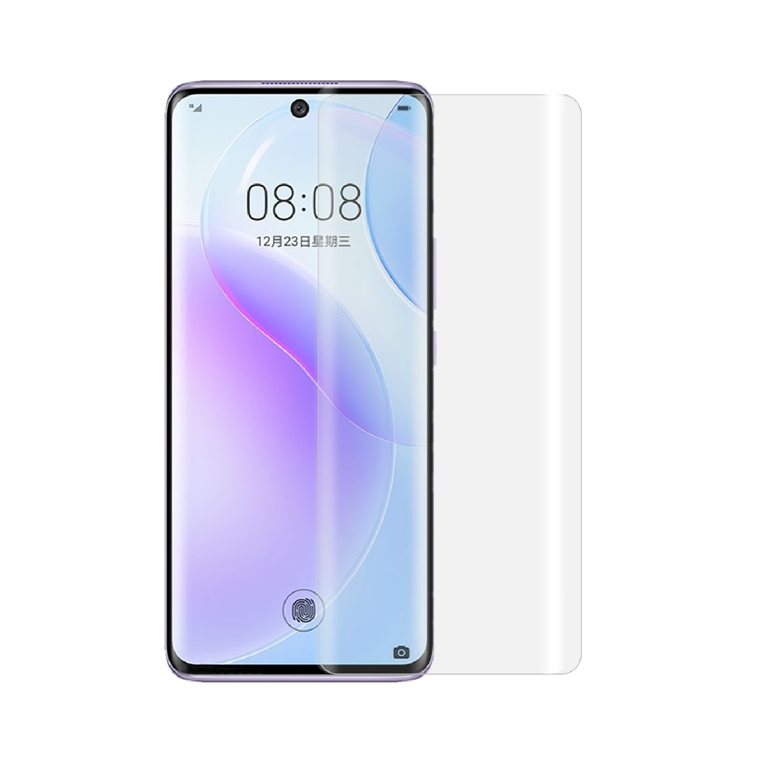 Displayschutzfolie für Smartphones auf einem Telefon. Der Bildschirm zeigt die Uhrzeit und das Datum.