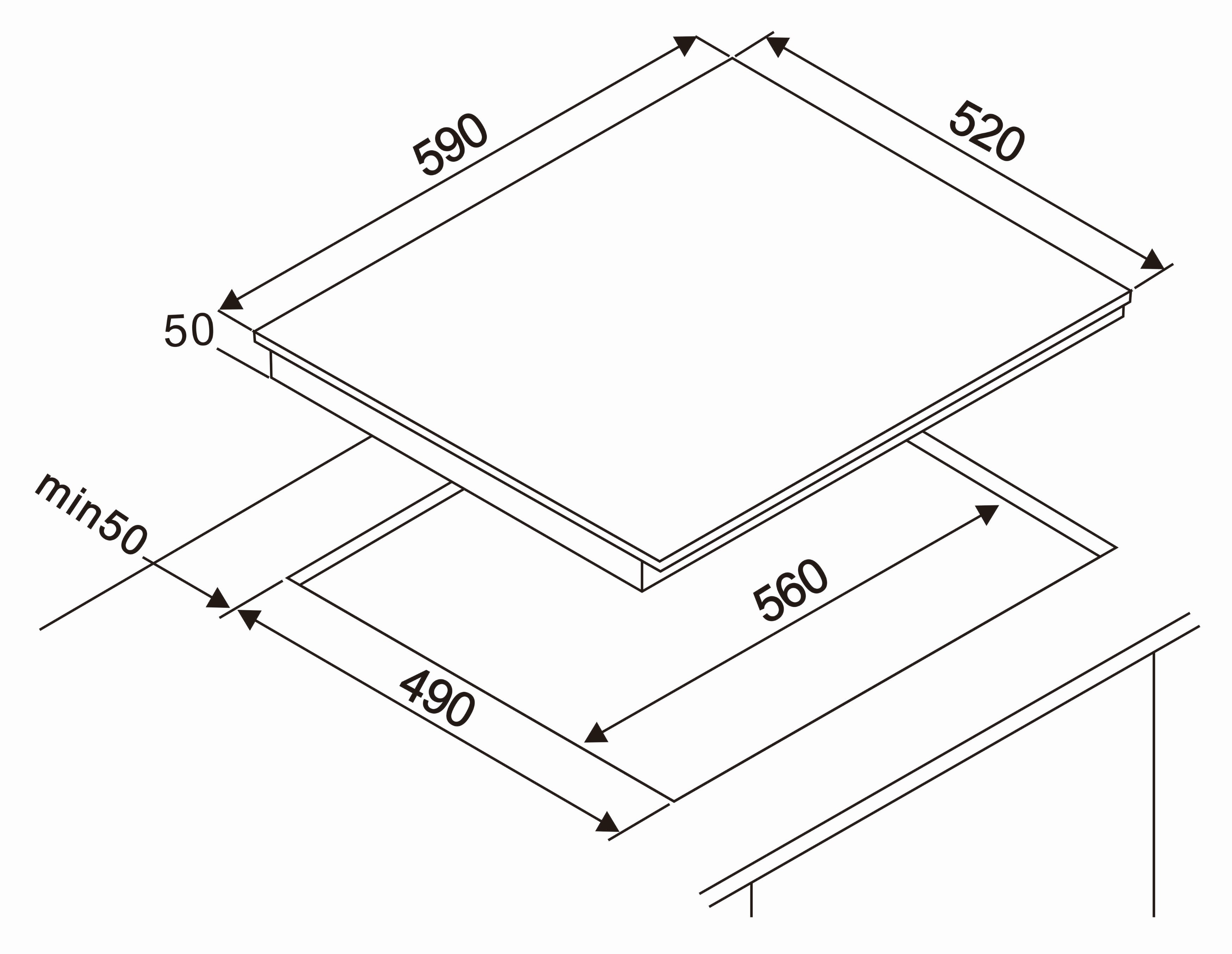 Een diagram toont een bovenaanzicht met afmetingen van een rechthoekige kookplaat.
