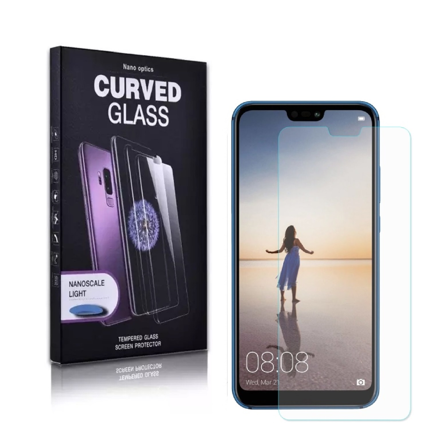 Verpackung für Displayschutzfolie und ein Telefon mit Displayschutzfolie. Das Telefon zeigt einen Strand.