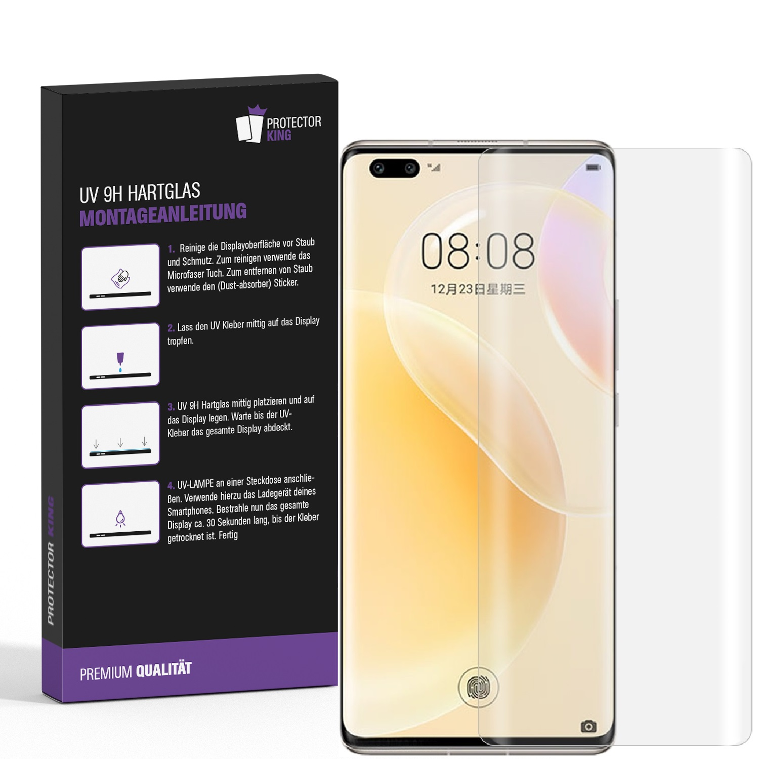 Ein Displayschutz-Kit mit Anweisungen und einem Telefon mit aufgetragenem Schutz.