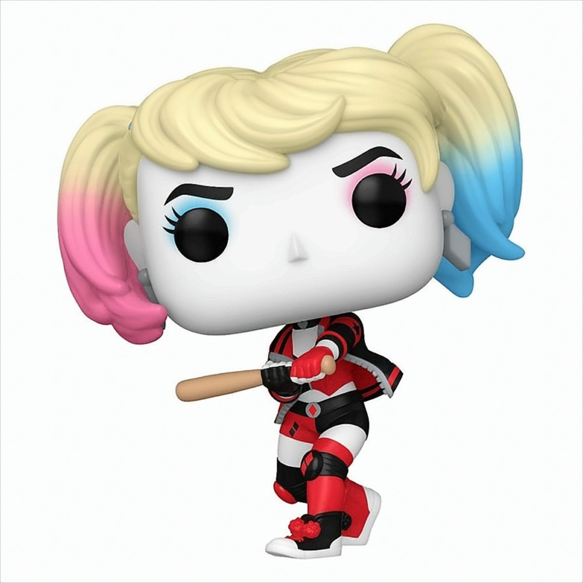 Statuetta di Harley Quinn con mazza da baseball. Codini, abito nero, rosso e bianco. Sfondo bianco.