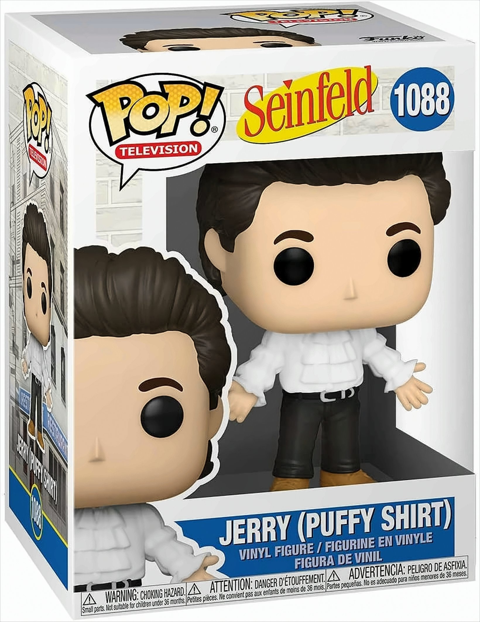 Funko Pop! Figur von Jerry Seinfeld in einem Puffärmelhemd. Weiße Box mit Stadt-Hintergrund.