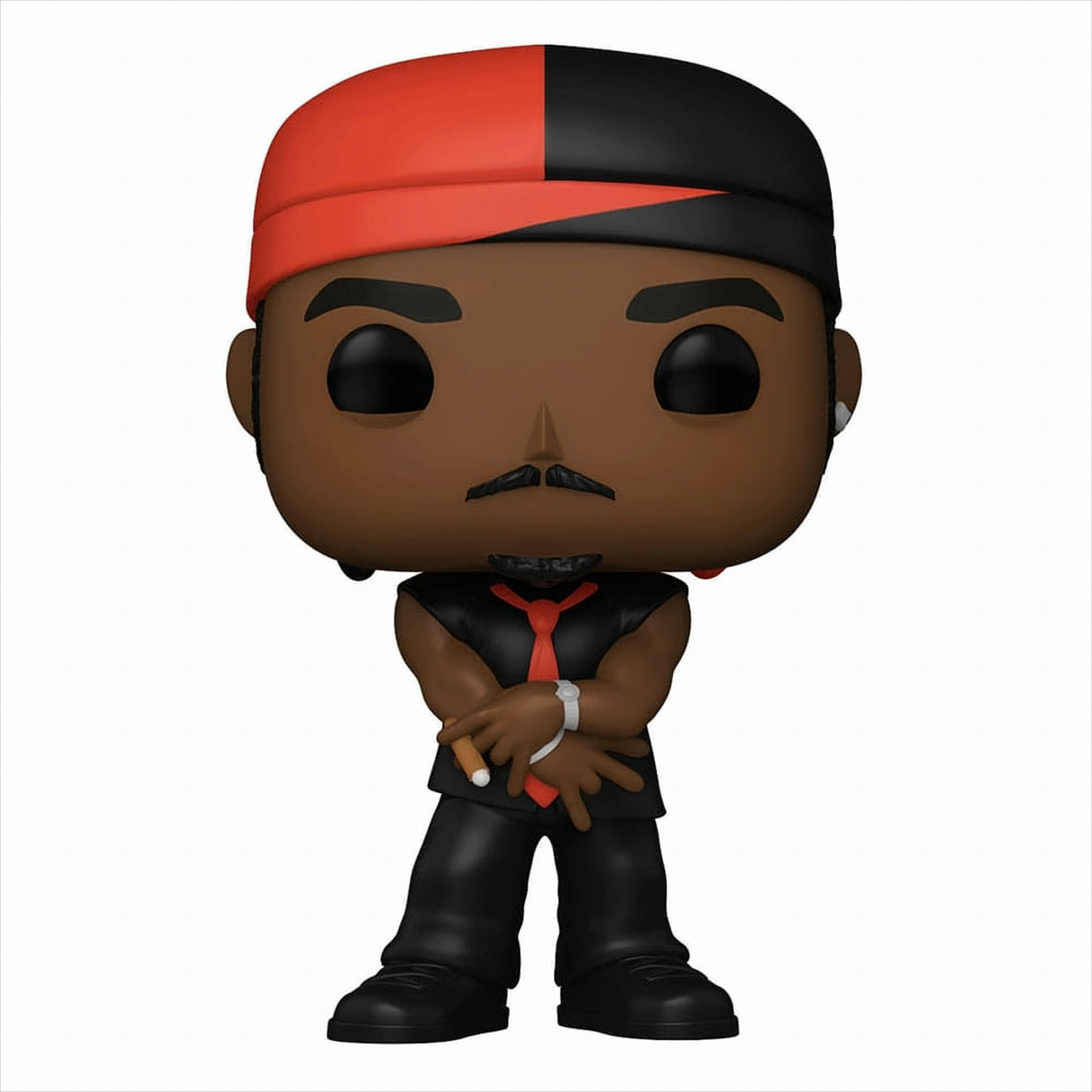 Una statuetta Funko Pop di un uomo con cappello rosso e nero, abito nero e sigaro.