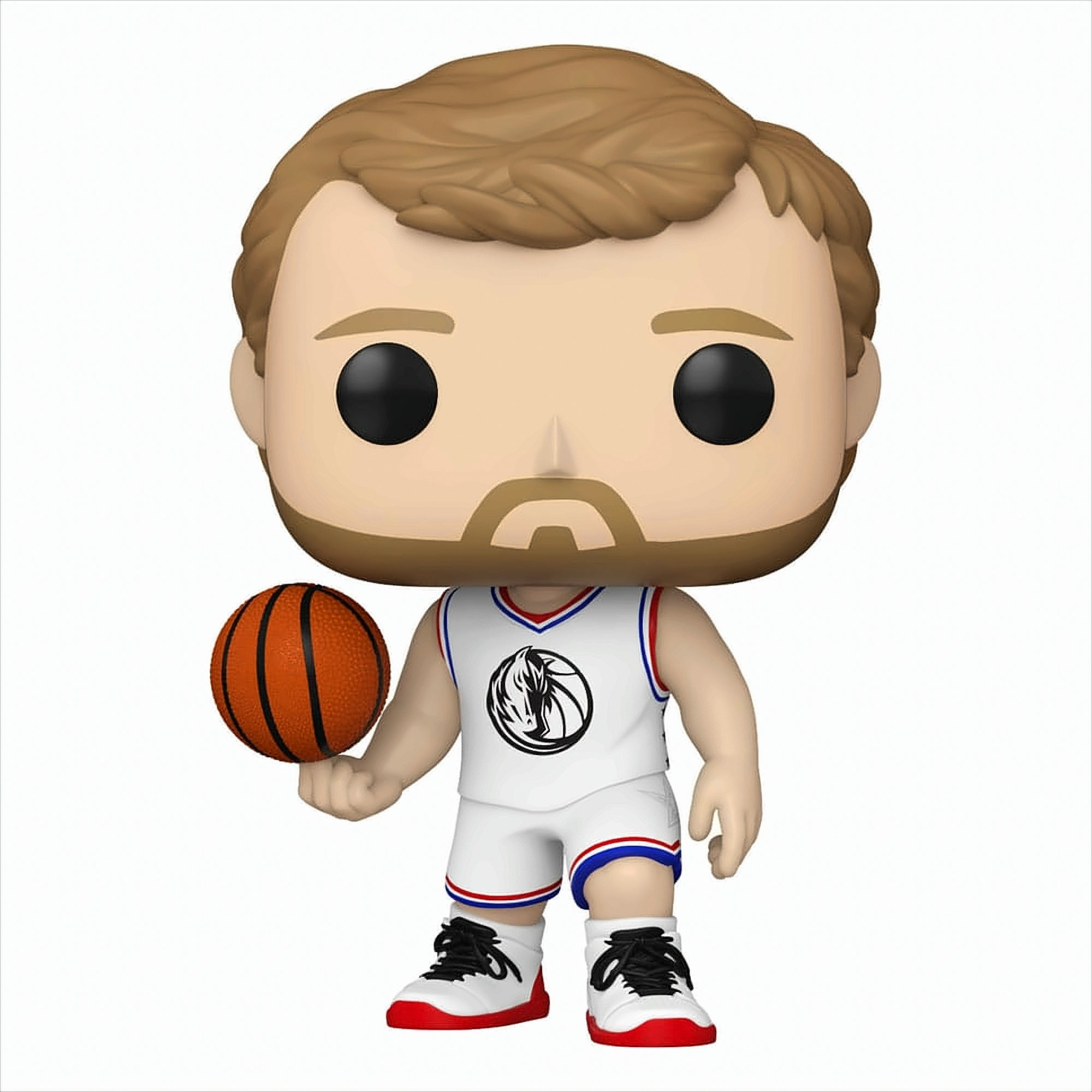 Eine Funko Pop Figur eines Basketballspielers in weiß-blauem Trikot, der einen Basketball hält.