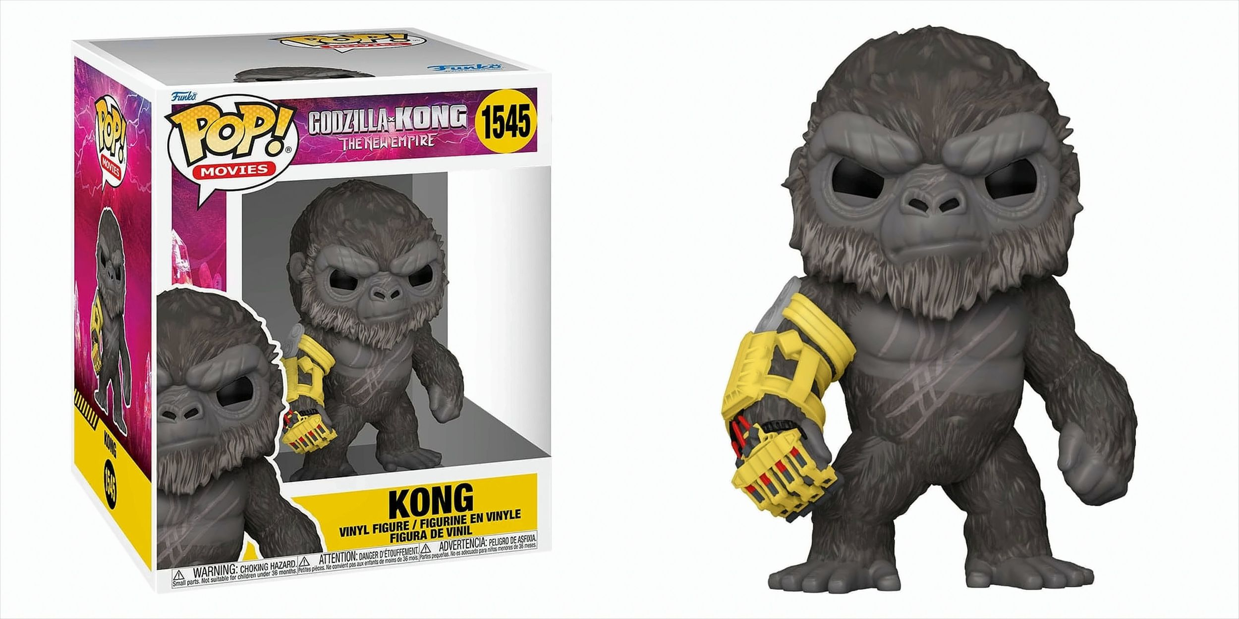 Figurka Funko Pop Konga z żółtym ramieniem, w pudełku. Szary korpus, żółte ramię.