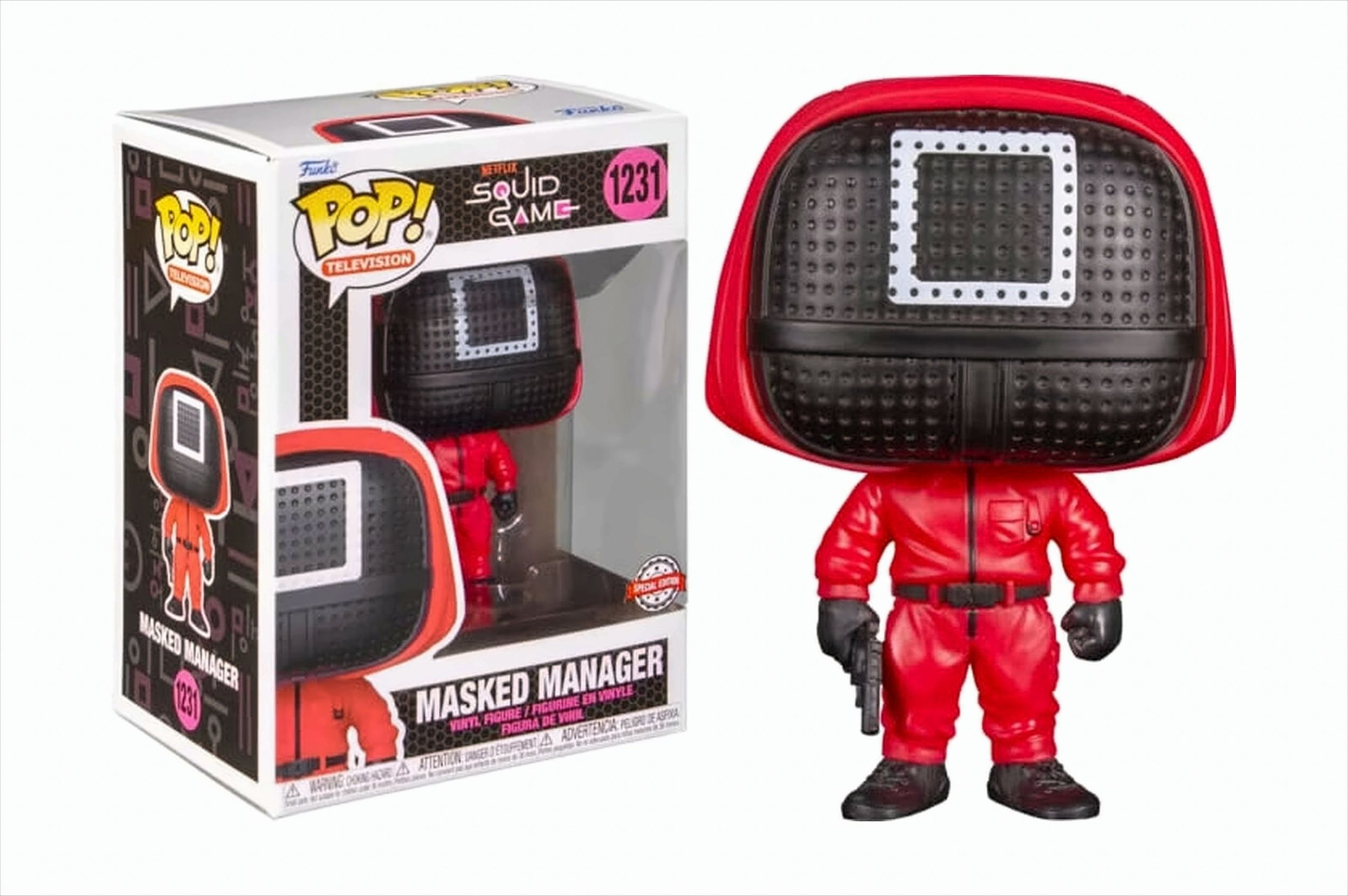 Un personaggio Funko Pop del manager mascherato di Squid Game accanto alla sua scatola. Rosso e nero.