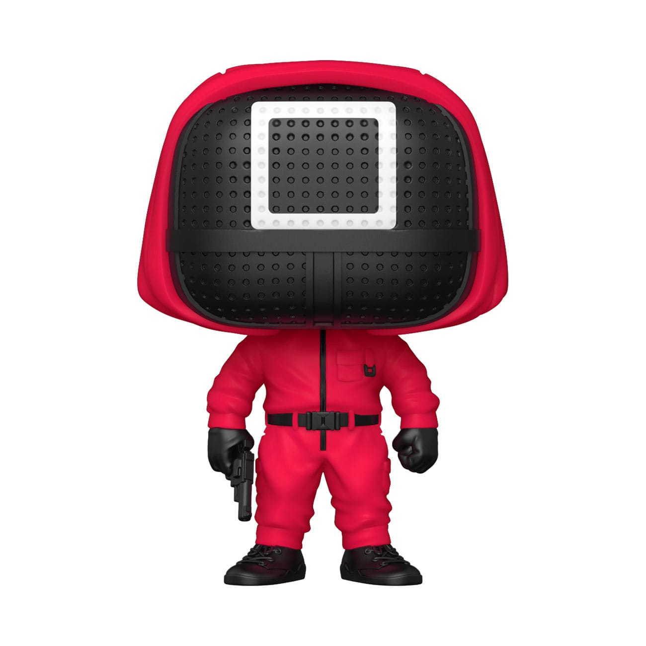 Figura della guardia di Squid Game in tuta rossa, guanti neri. Maschera quadrata con quadrato bianco. Pistola nera.