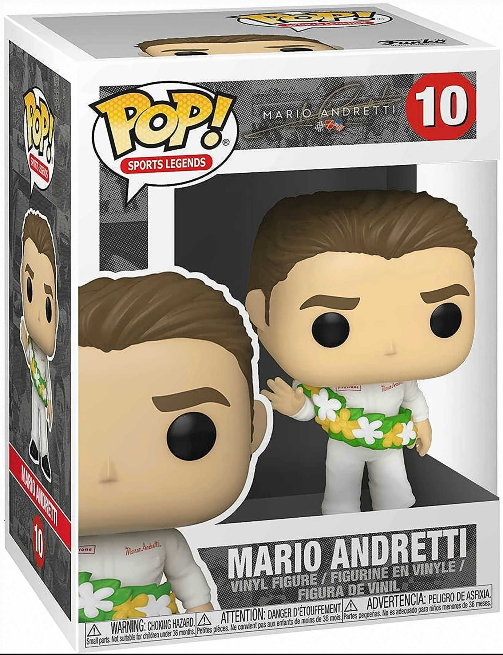 Funko Pop Figur von Mario Andretti in Rennkleidung, in einer Box dargestellt.