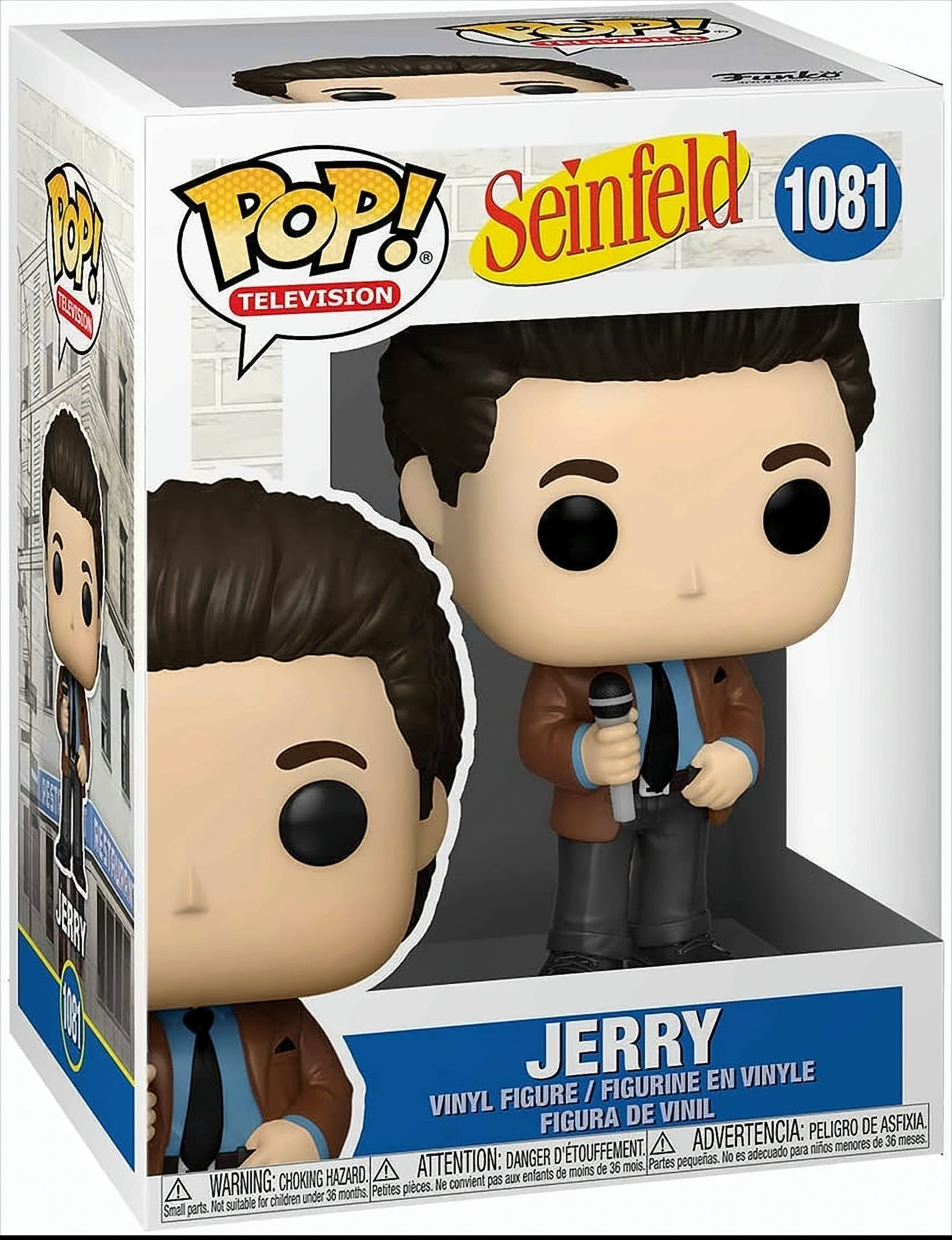 Funko Pop-Figur von Jerry Seinfeld in einem Anzug, der ein Mikrofon hält, in einer Box.