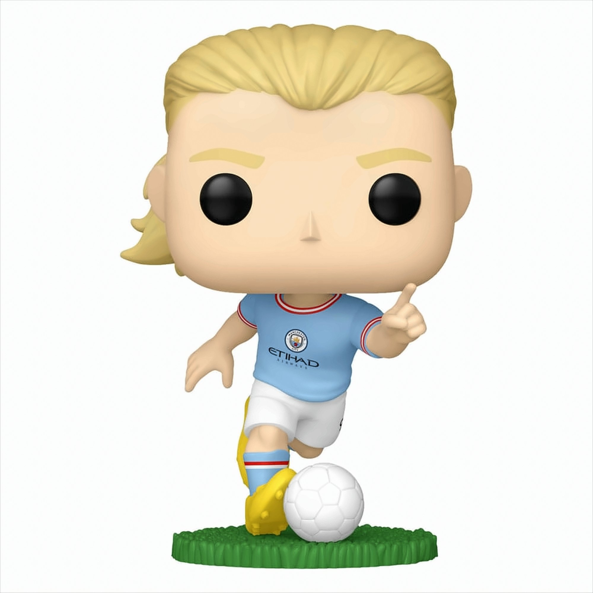 Erling Haaland Funko Pop figurine. Blue Manchester City jersey, white shorts, soccer ball.