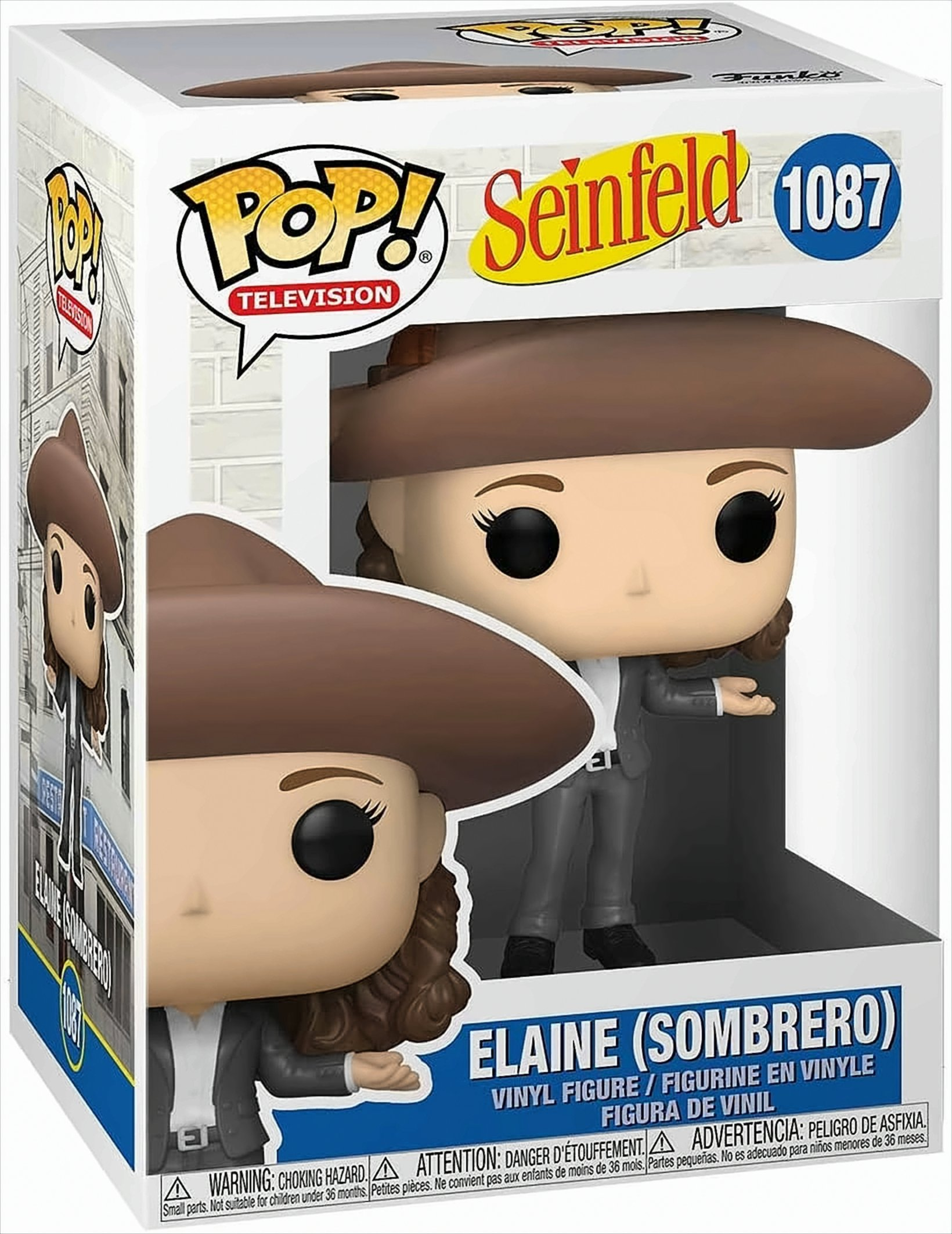 Eine Funko Pop!-Figur von Elaine aus Seinfeld in einer Box. Die Box hat Bilder und Text.