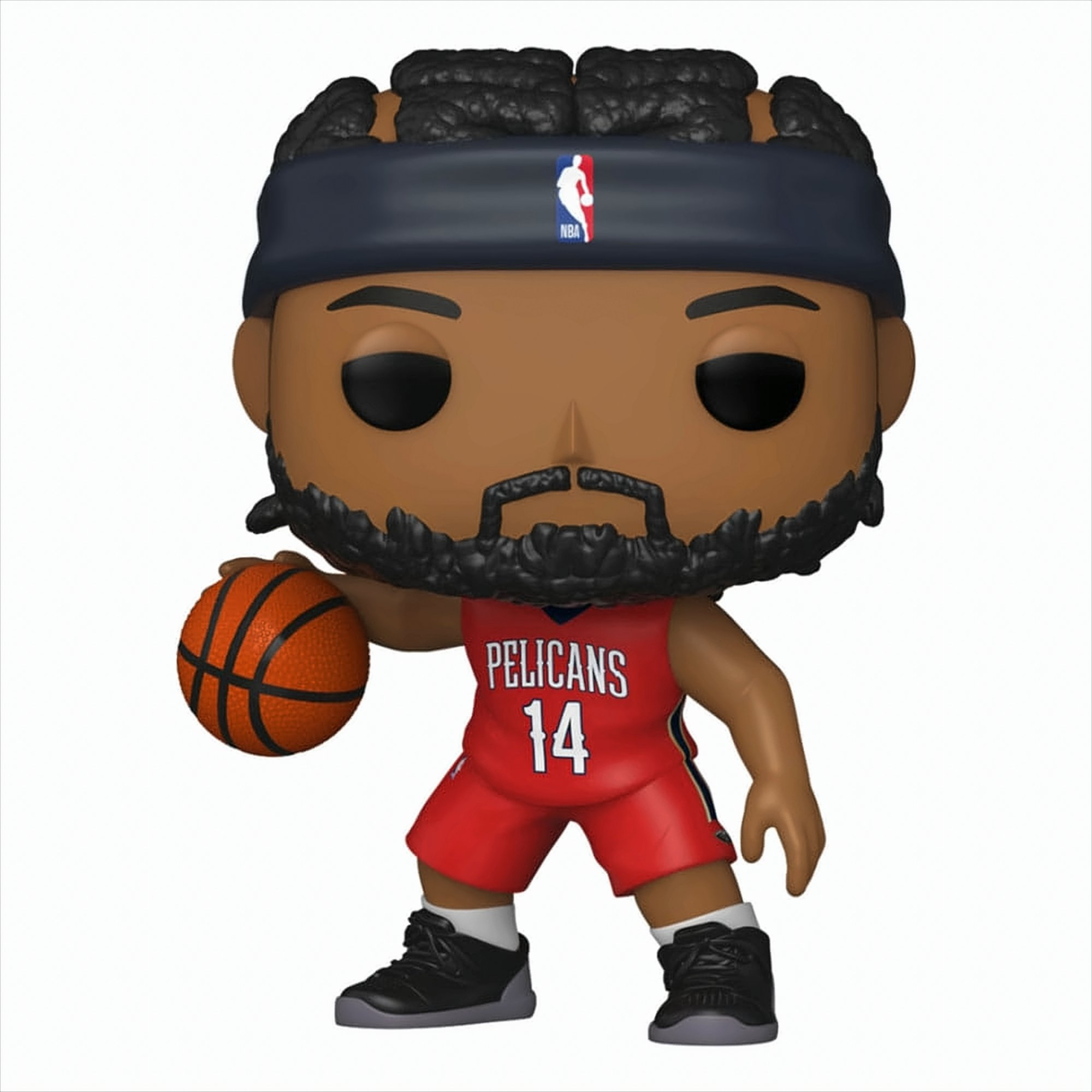 Figura NBA di Zion Williamson, che tiene un pallone da basket e indossa una maglia dei Pelicans. Sfondo bianco.