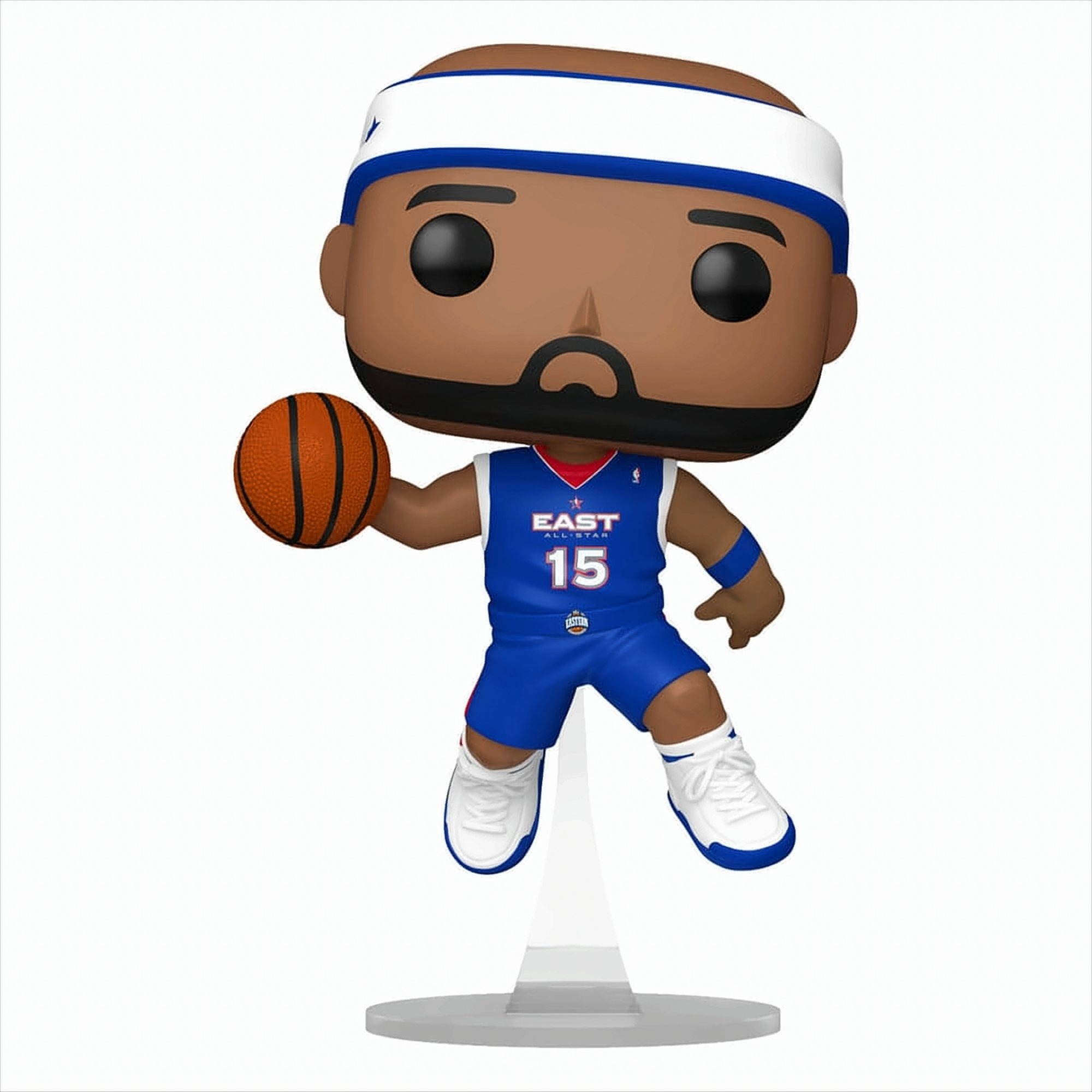 Una figura de un jugador de baloncesto con uniforme azul y blanco con un balón.