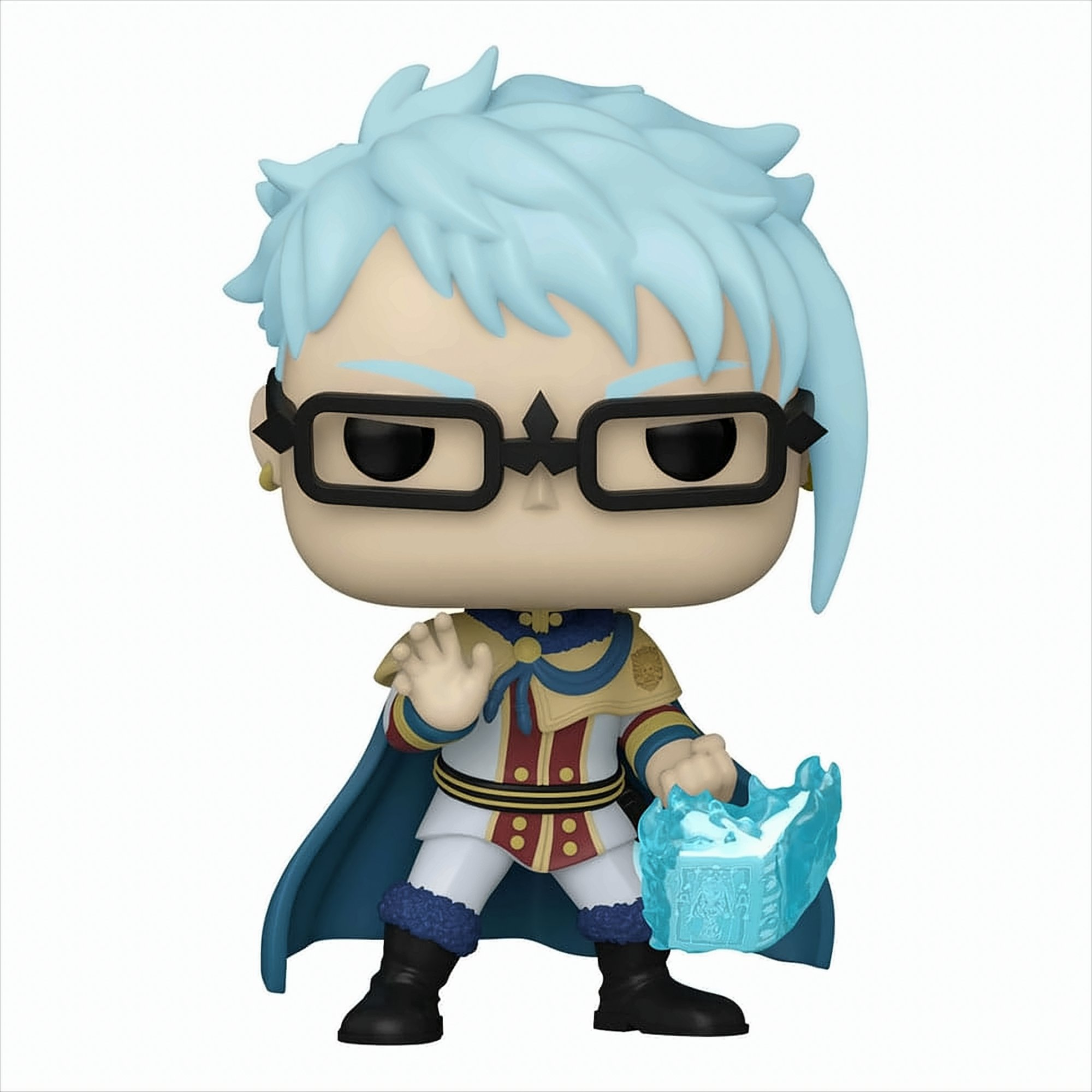 Figura Funko Pop di un personaggio con occhiali e mantello, che tiene un oggetto blu.
