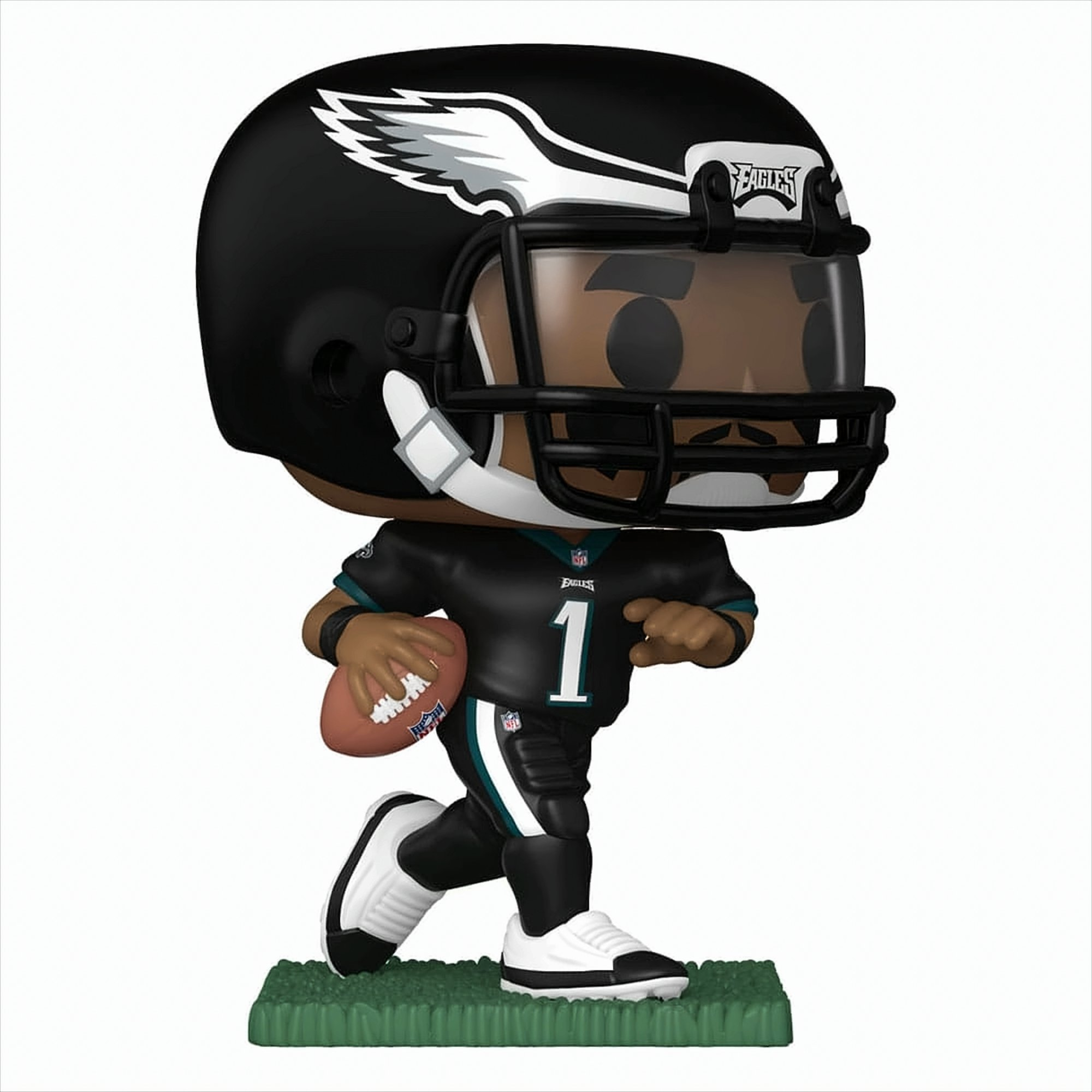 Philadelphia Eagles Spielerfigur in Uniform, rennt mit einem Football.