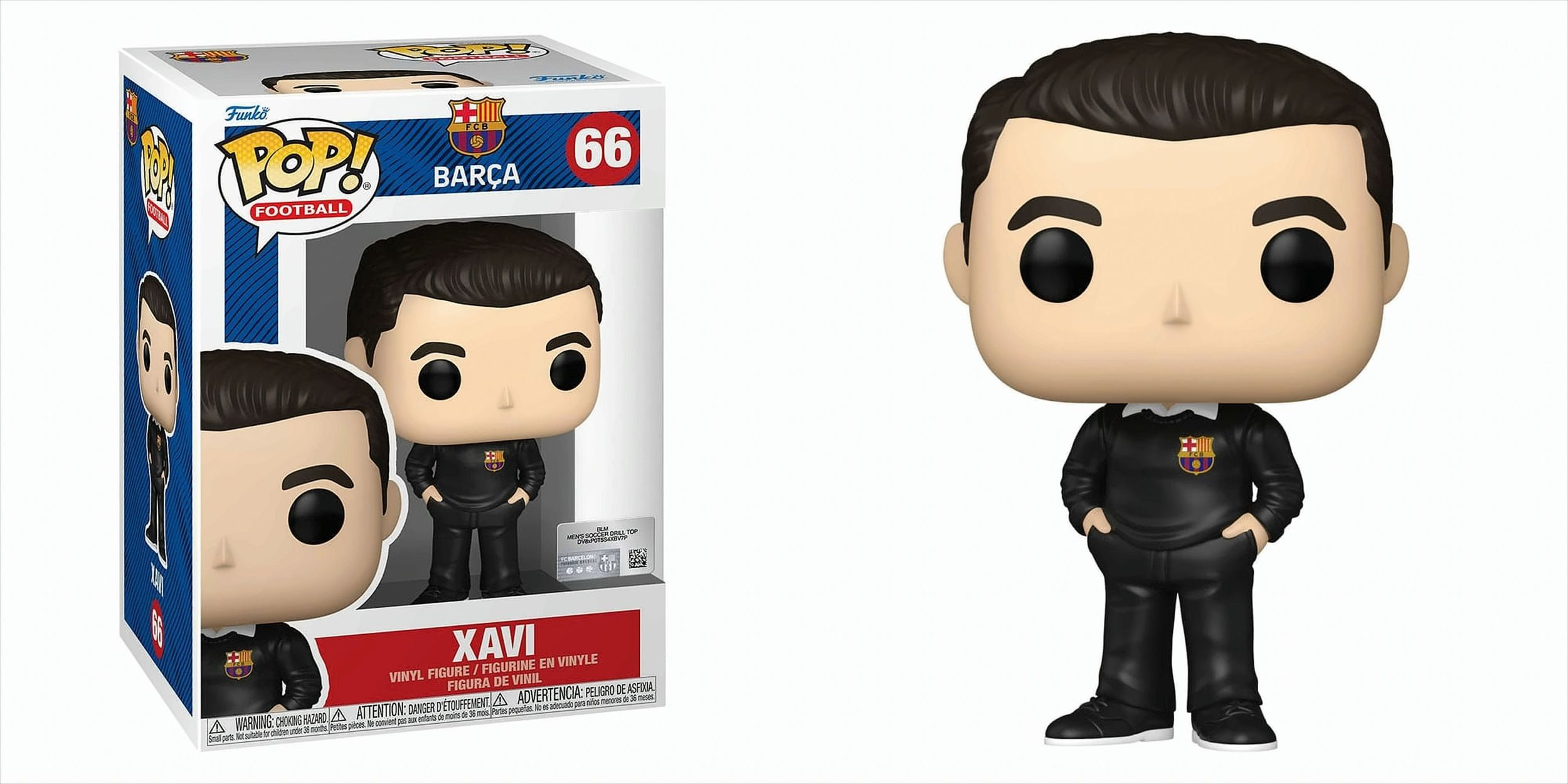 Figura Funko Pop di Xavi con divisa dell'FC Barcelona, con scatola. La figura è in nero e rosso. Sfondo bianco.