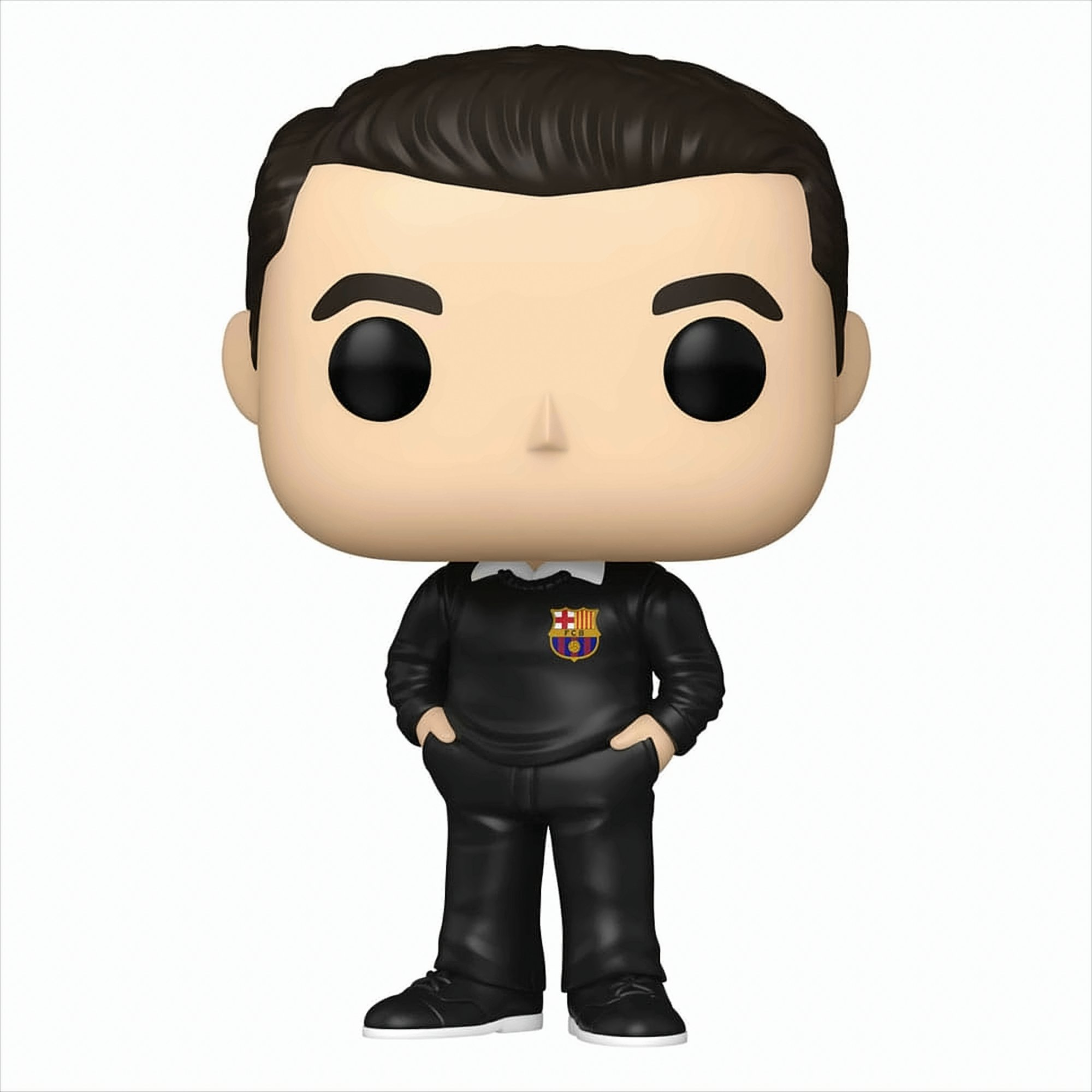 Una figura Funko Pop di un uomo in abito nero con il logo del FC Barcelona.