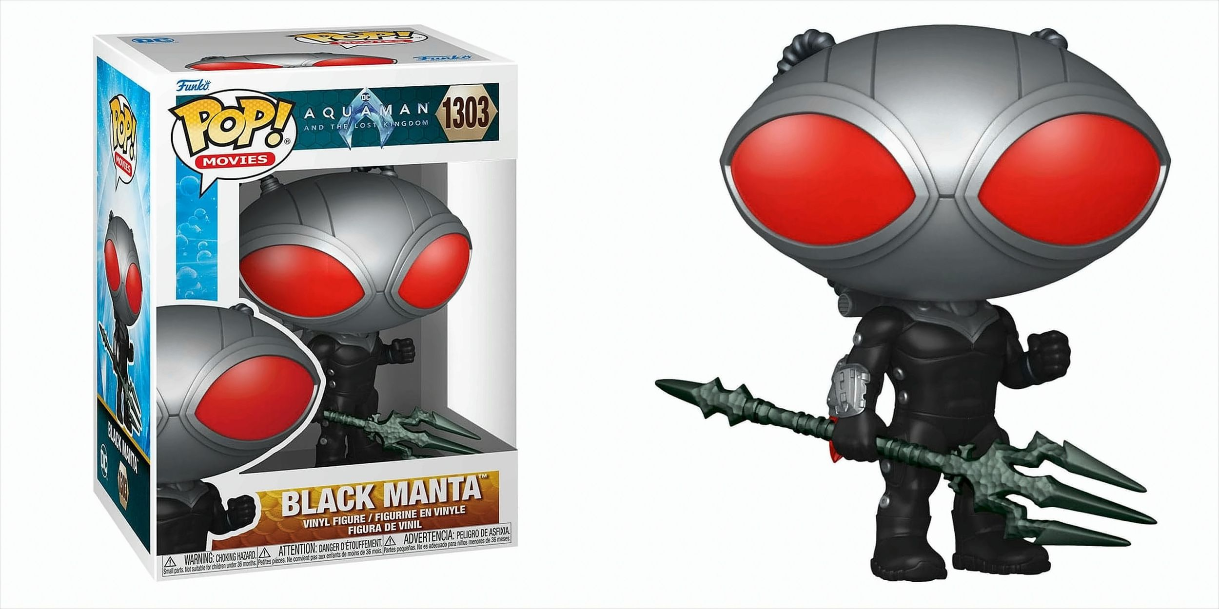 Figura Funko Pop di Black Manta in una scatola e fuori dalla scatola. Abito nero, occhi rossi.