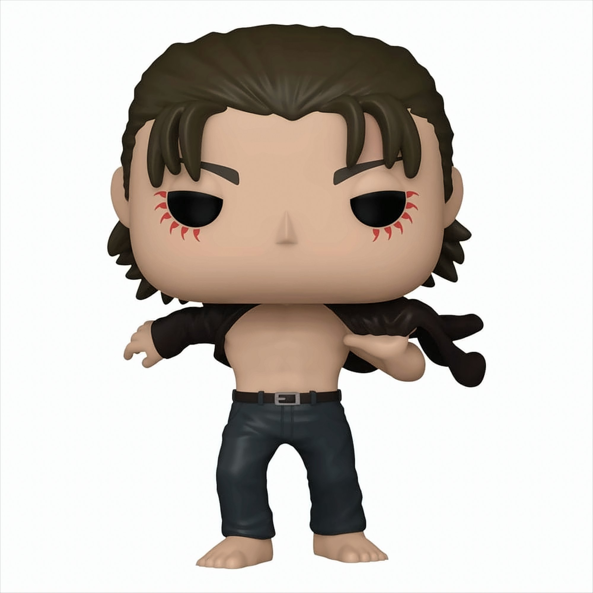 Figura Funko Pop di un uomo senza maglietta con capelli scuri, occhi neri e jeans blu.