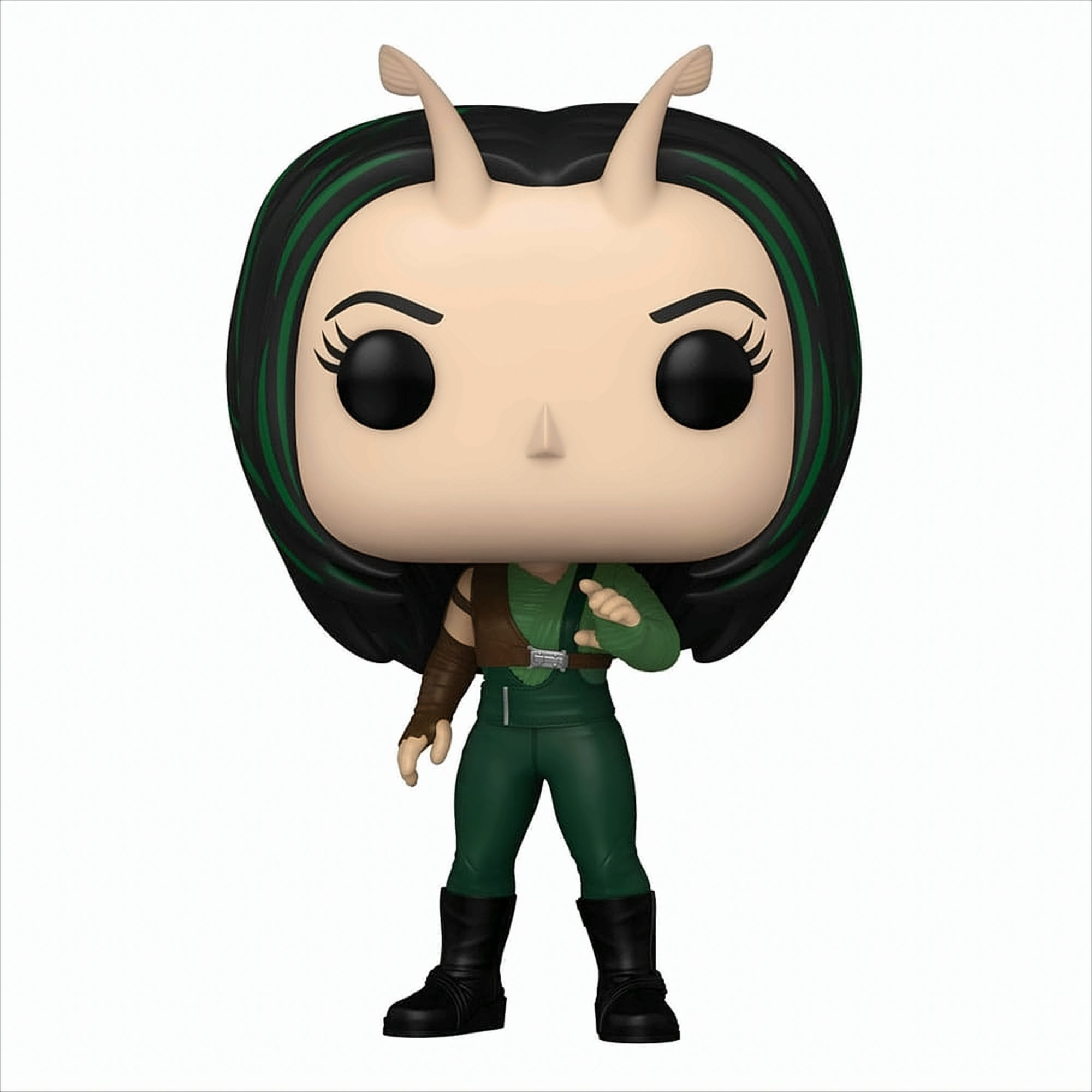 Mantis Funko Pop-Figur. Sie hat grüne und schwarze Haare, ein grünes Outfit und befindet sich in einer dynamischen Pose.