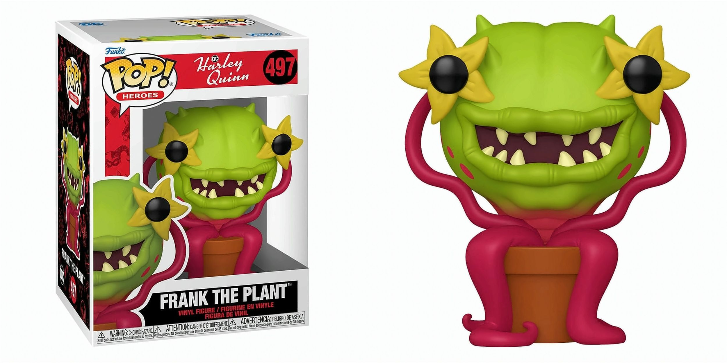 Eine Frank the Plant Funko Pop Figur. Frank ist grün mit sternförmigen Blüten und einem Topf.