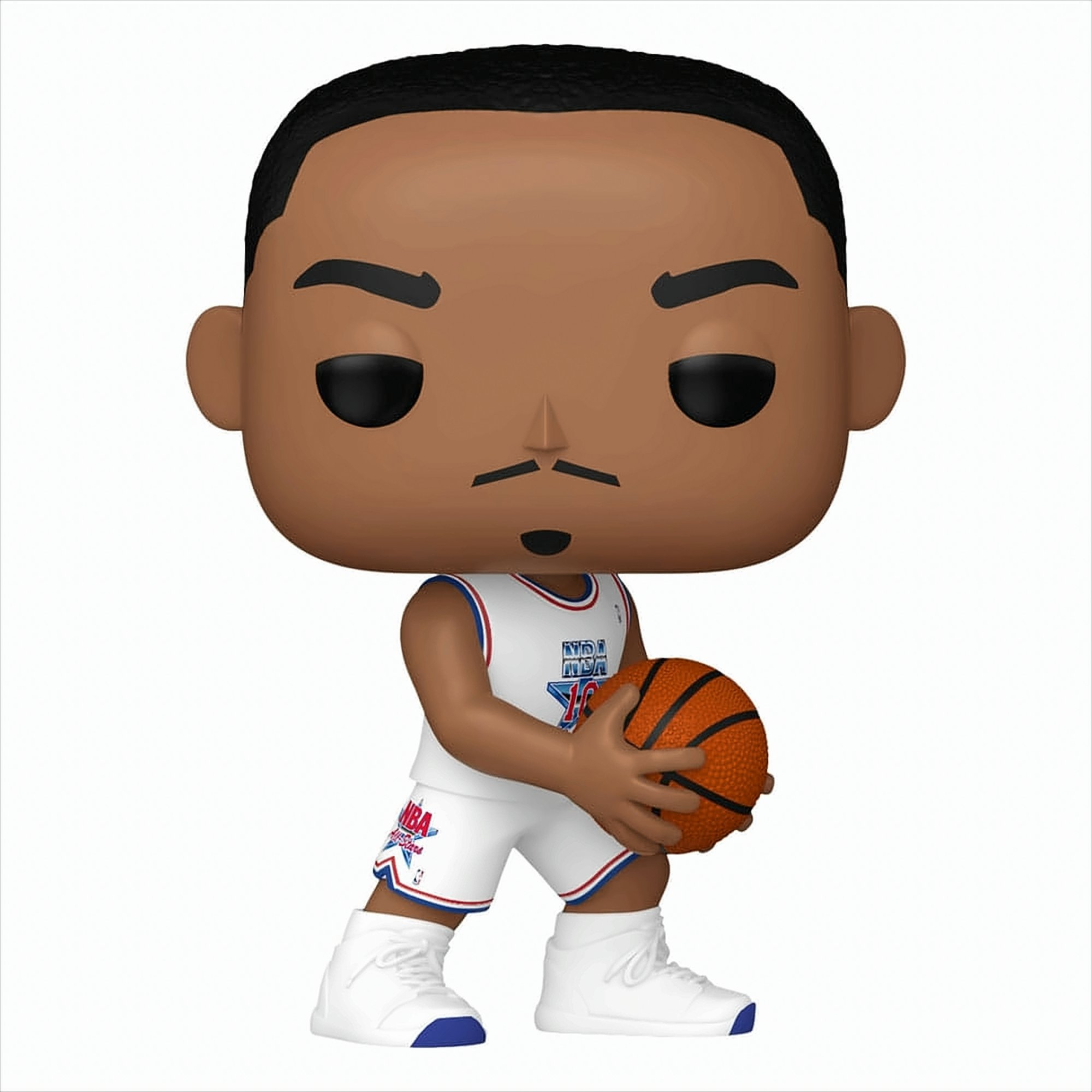 Funko Pop Figur eines Basketballspielers in weiß-blauem Trikot, der einen Ball hält.