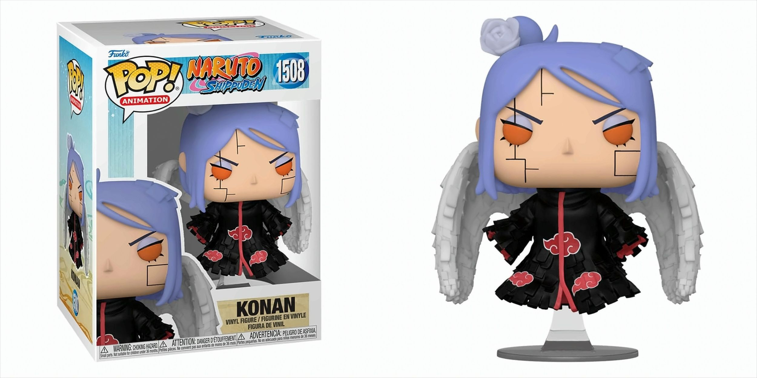 Figura Funko Pop di Konan da Naruto. La figura ha capelli blu, mantello rosso e ali d'angelo.