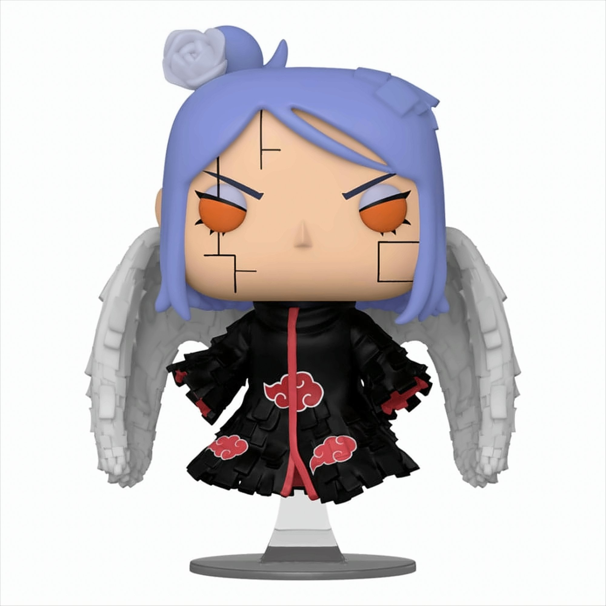 Figura Funko Pop di Konan da Naruto, con ali e cappotto nero. Sfondo bianco.