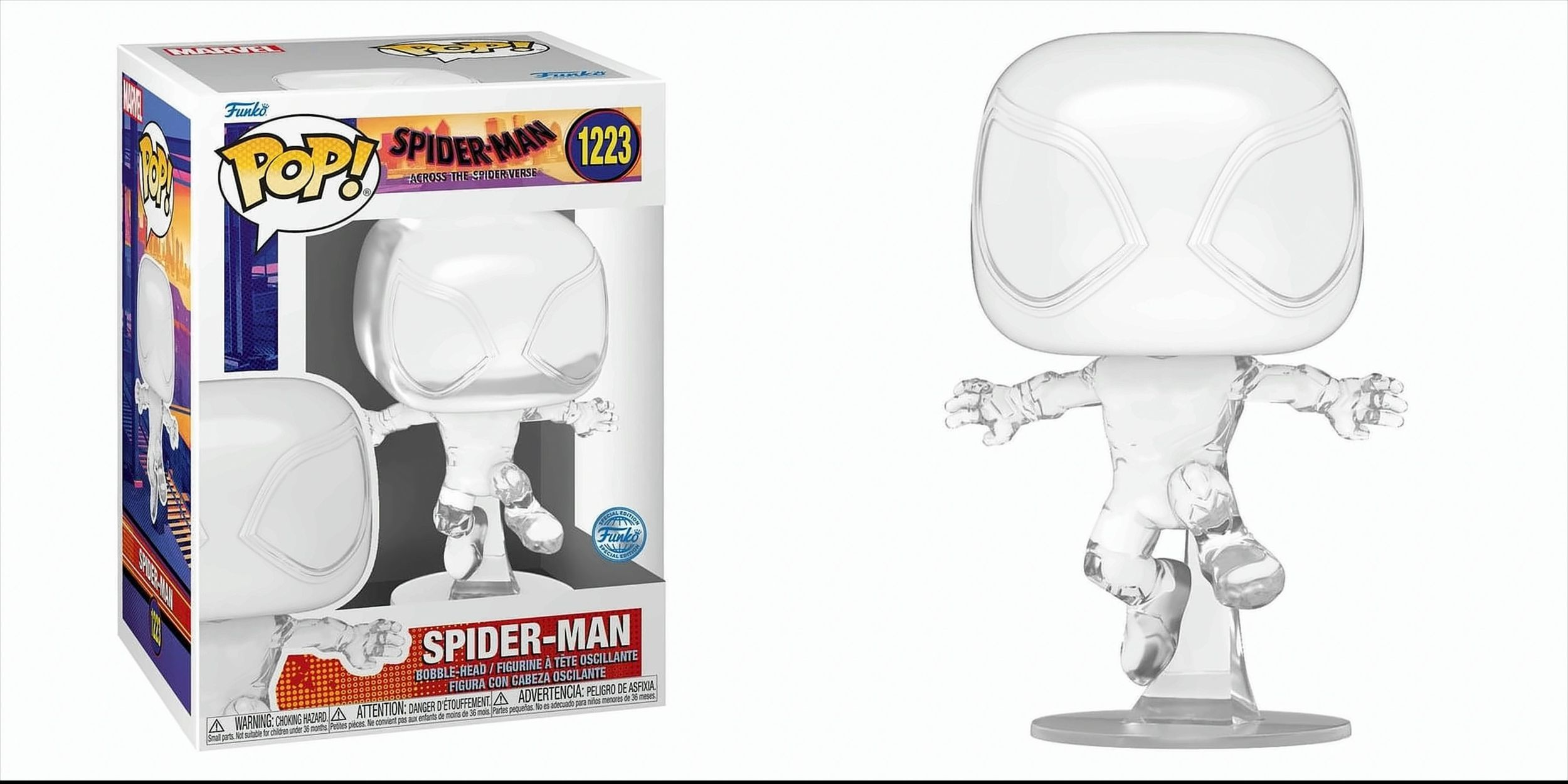 Spider-Man Funko Pop Figur und Box, beide transparent.