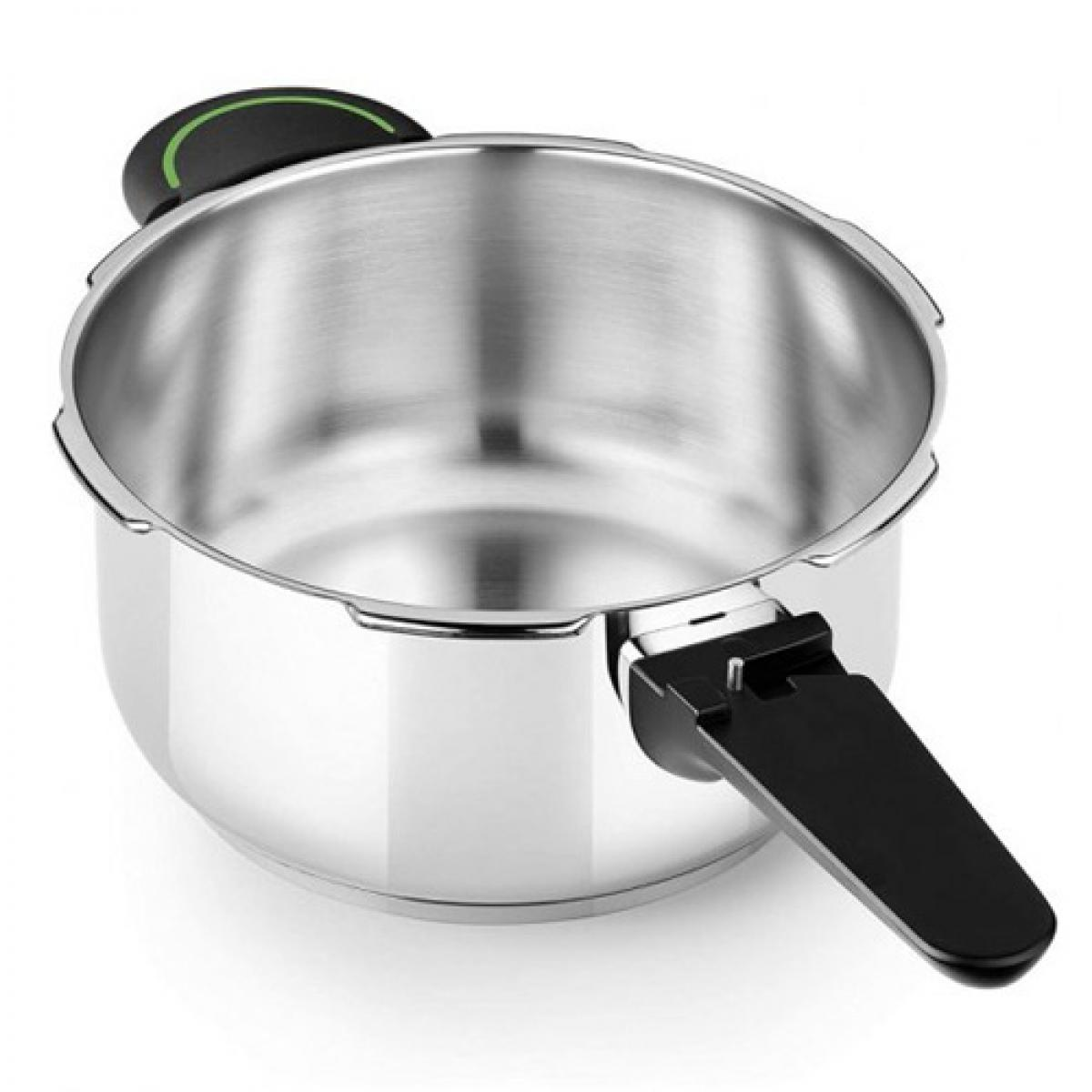Olla a presión de acero inoxidable con asa negra y asa verde y negra en la parte superior.