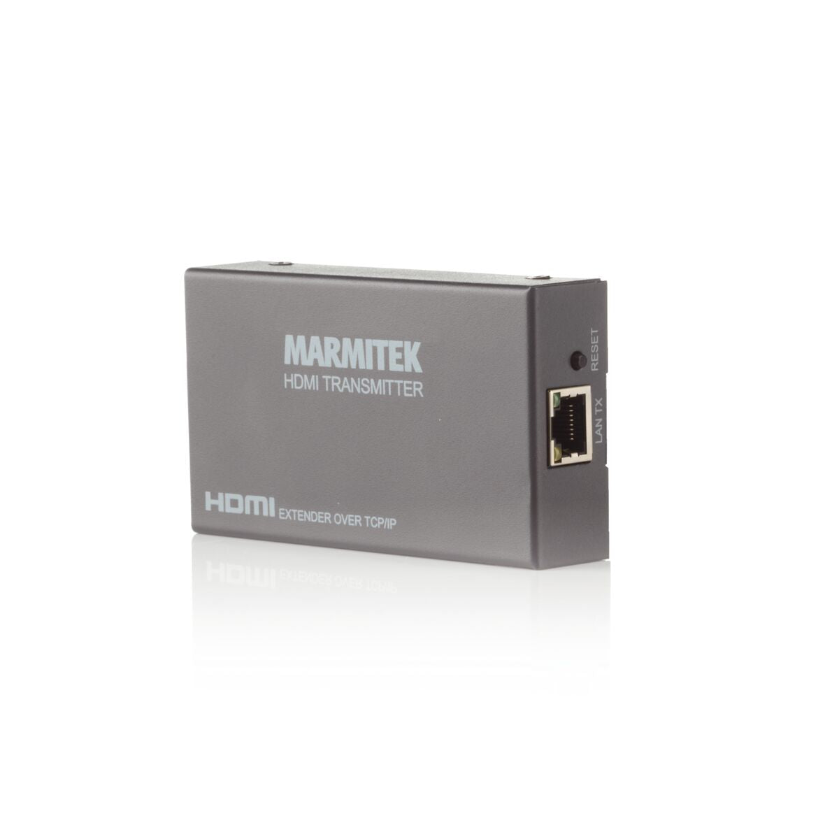 Trasmettitore HDMI Marmitek grigio, con porte e l'etichetta LAN TX.
