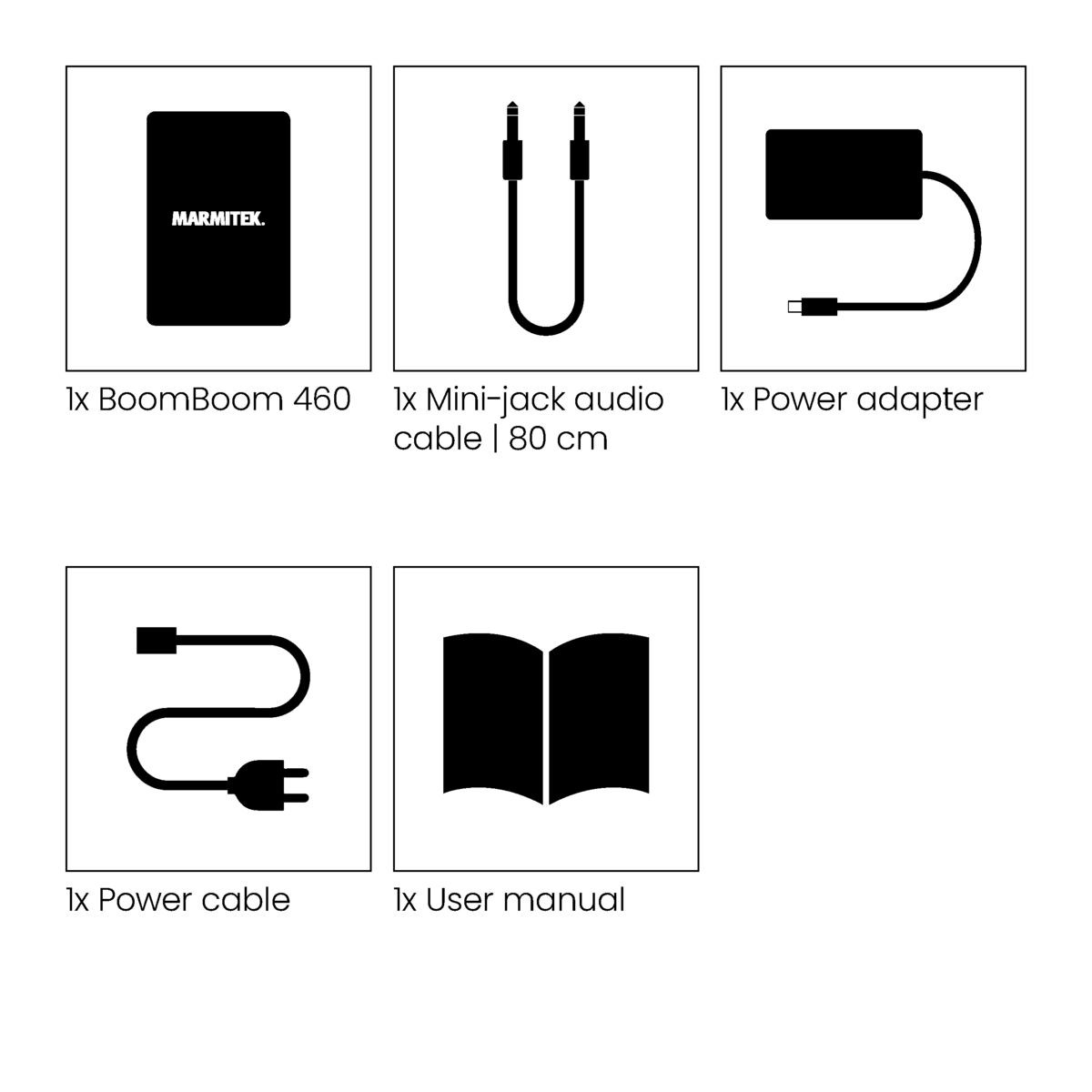 Five icons representing items such as a BoomBoom 460, audio cable, power adapter, power cable, and user manual.
