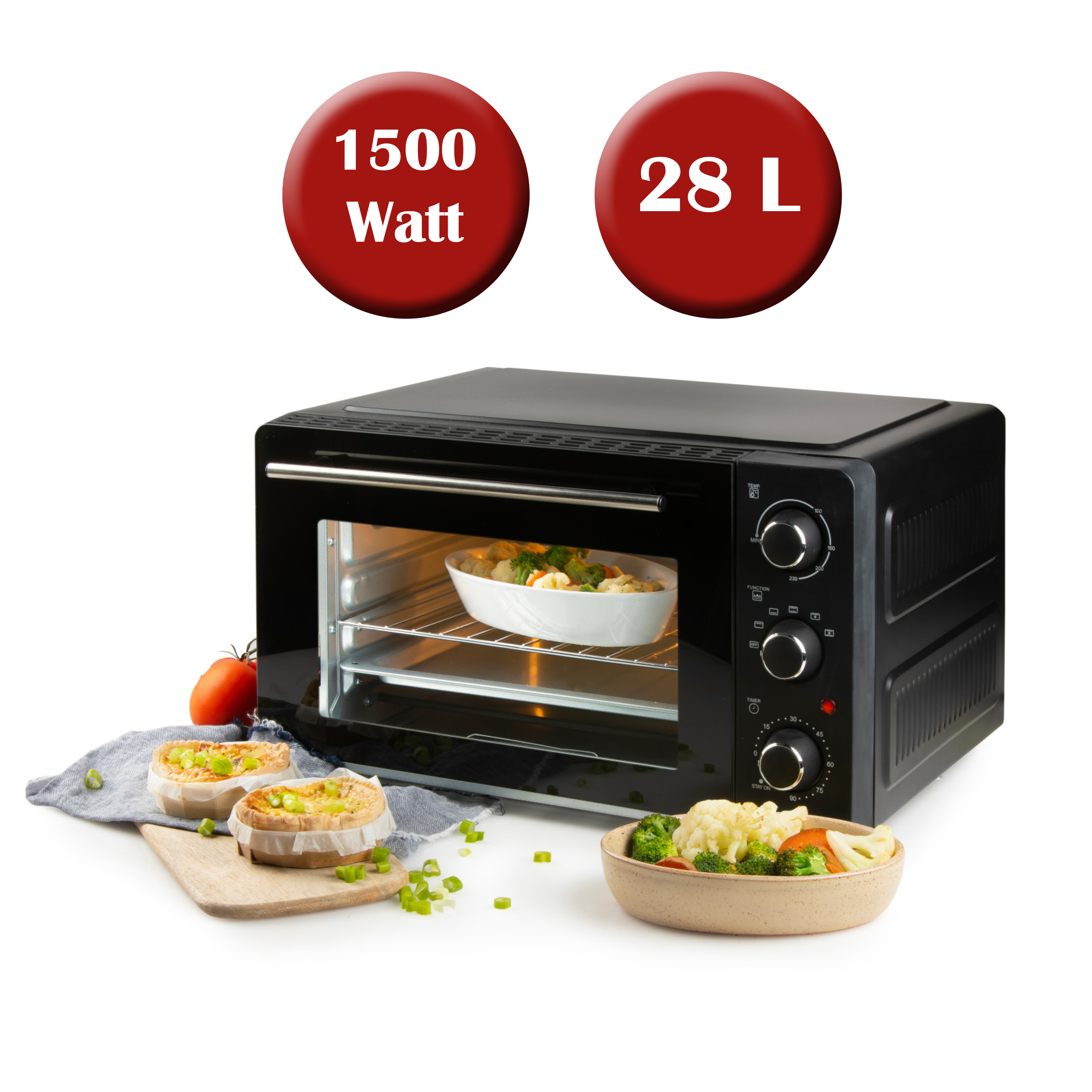 A black oven with food inside and on a table. Two red circles display power and capacity.