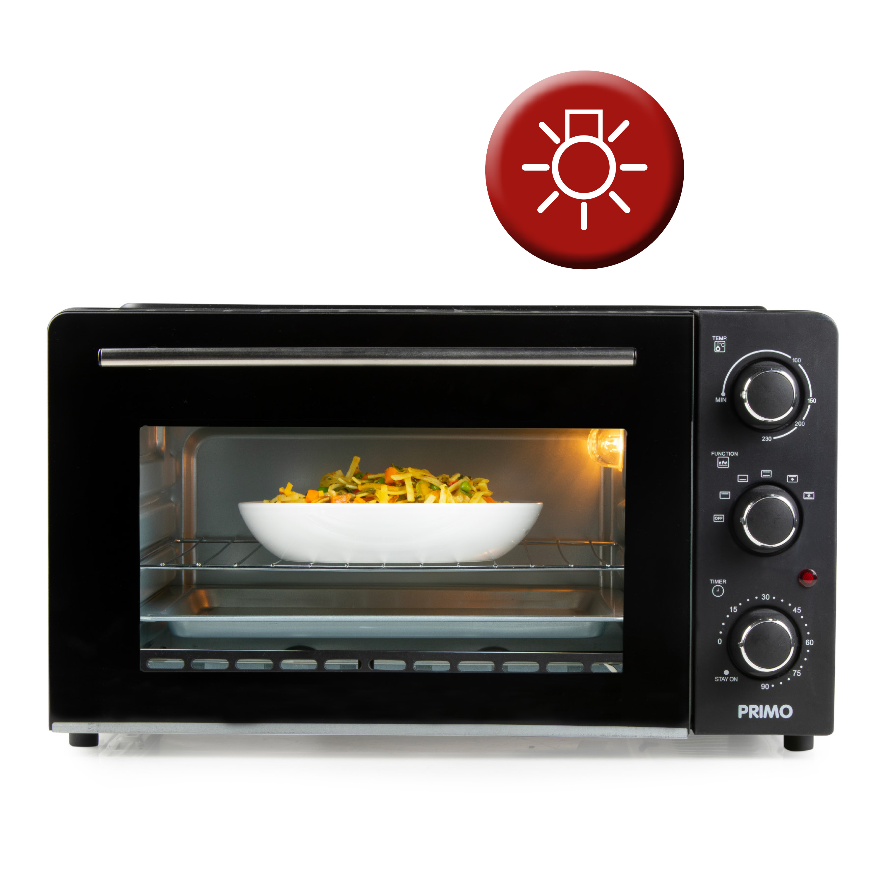 Black Primo oven with food inside. Red light bulb icon displayed above the oven.