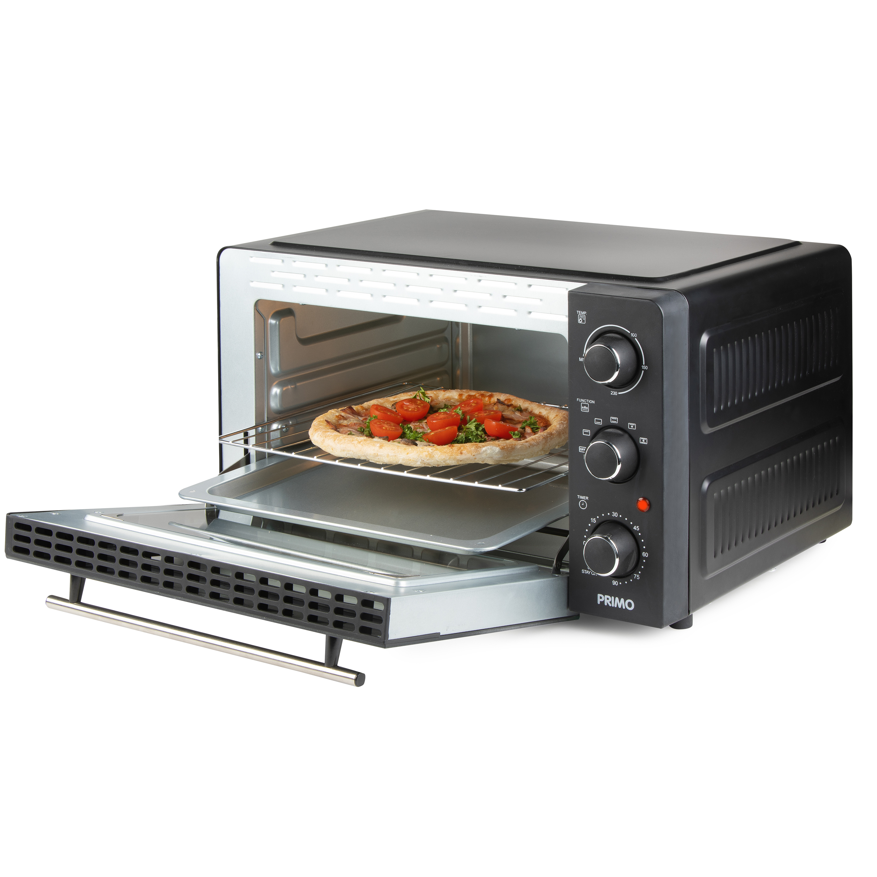 A black countertop oven with pizza inside. The oven door is open.