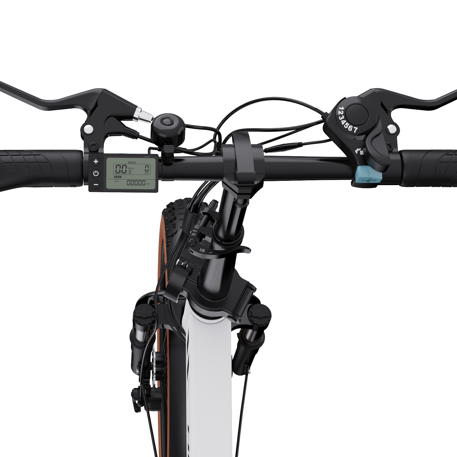 Nahaufnahme eines Fahrradlenkers mit Bedienelementen und Display.