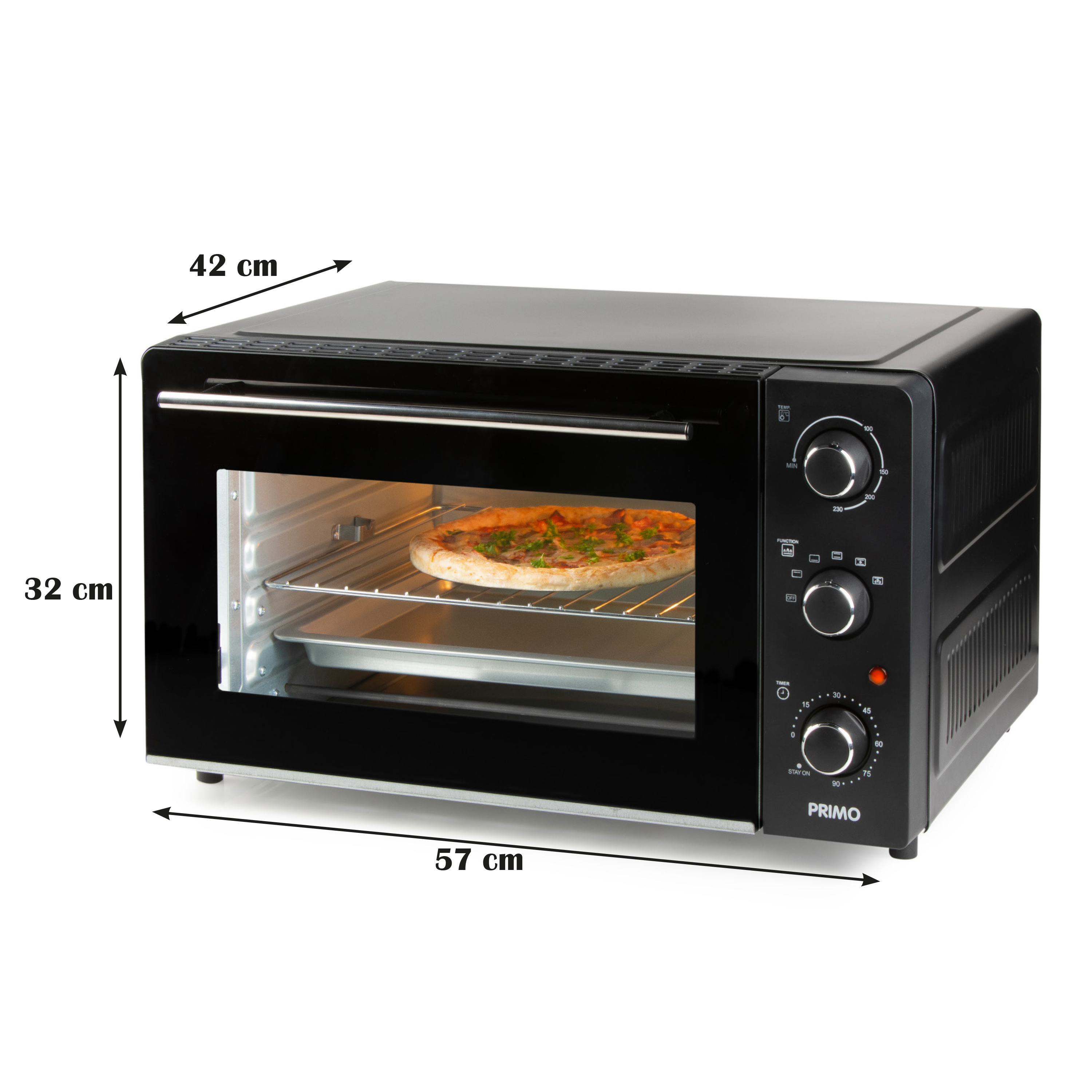 Een zwarte oven met afmetingen gemarkeerd, een pizza erin, met knoppen aan de rechterkant.
