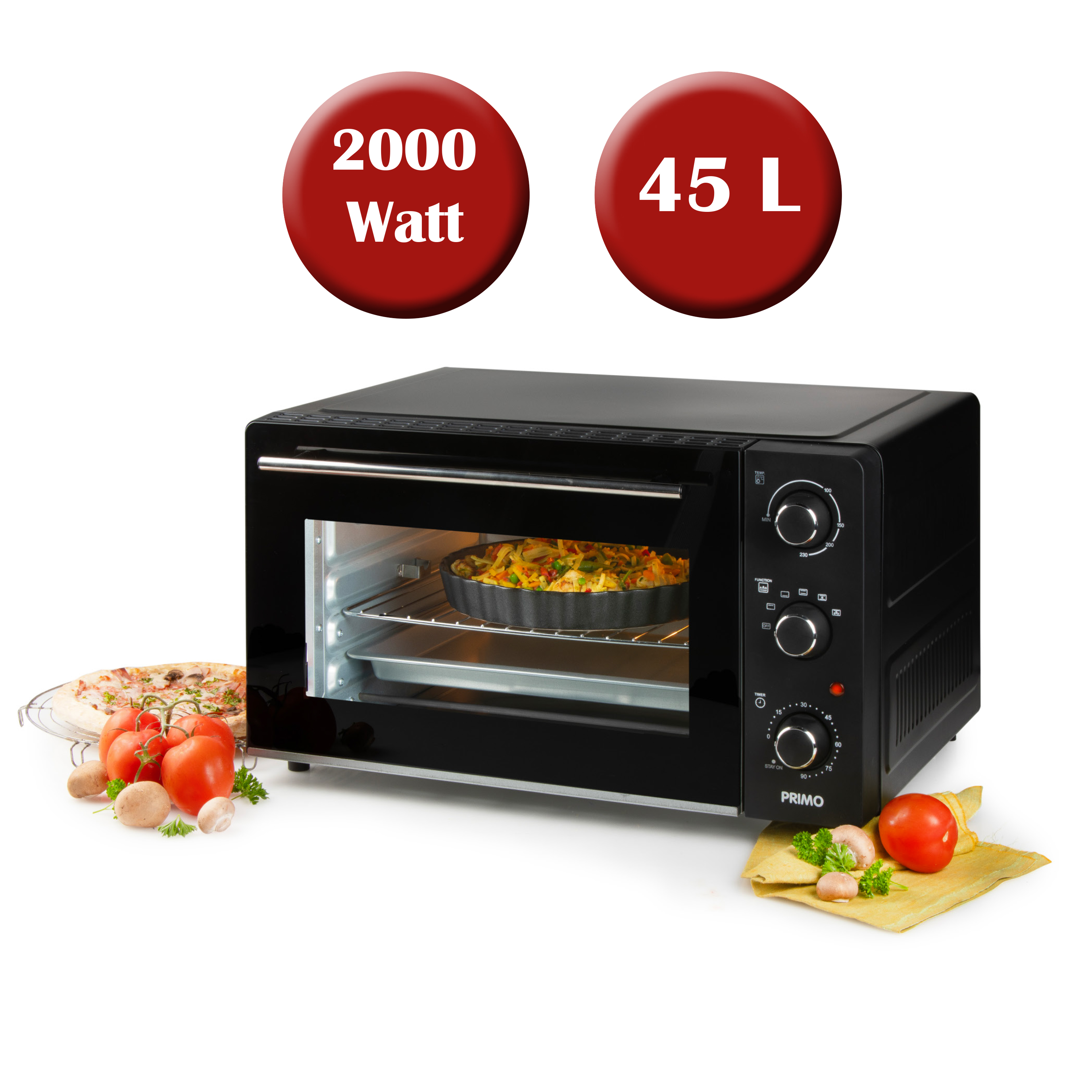 Zwarte oven met twee rode cirkels die wattage en capaciteit aangeven, en eten.