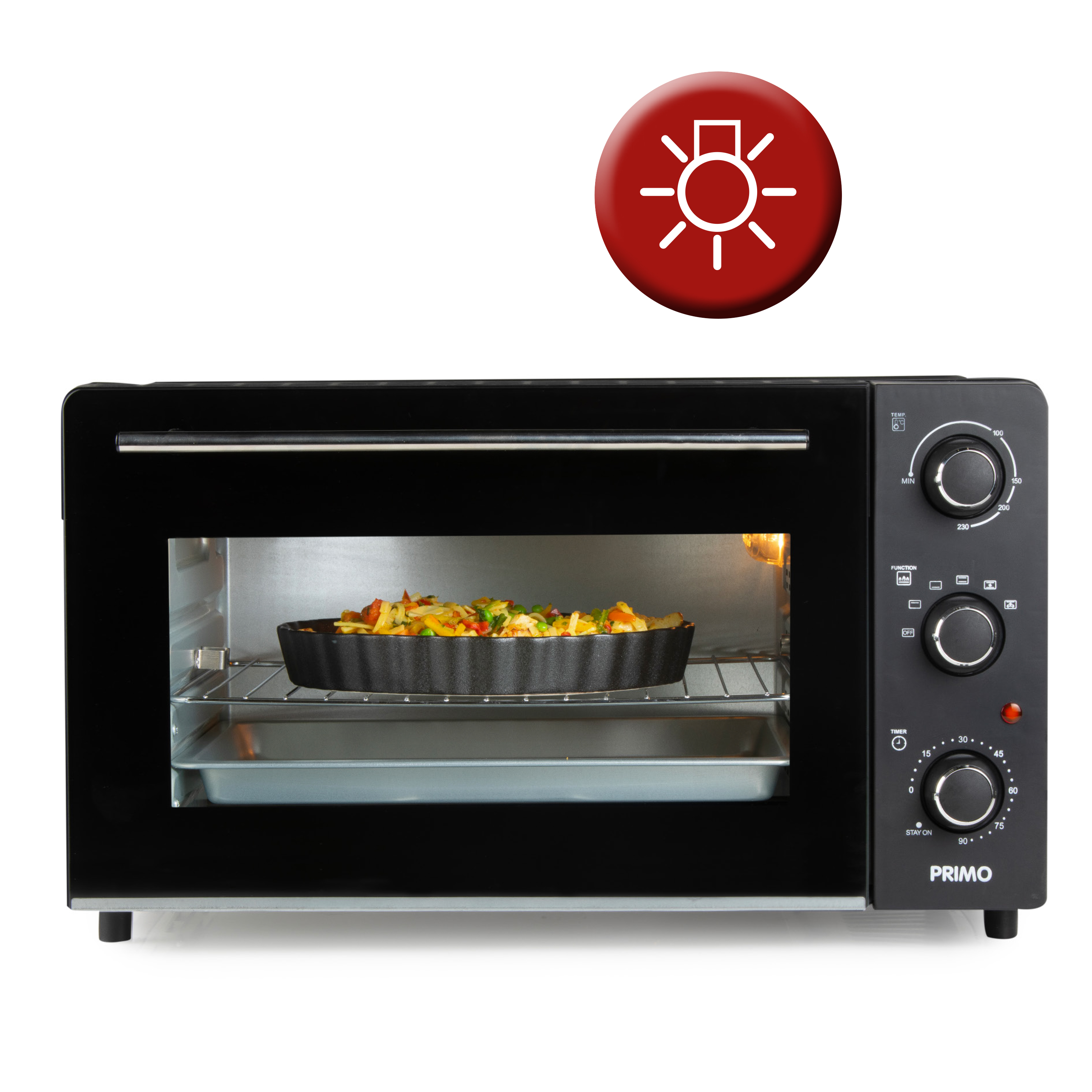 Zwarte oven met eten erin, bediening rechts, een rood lichtpictogram erboven.