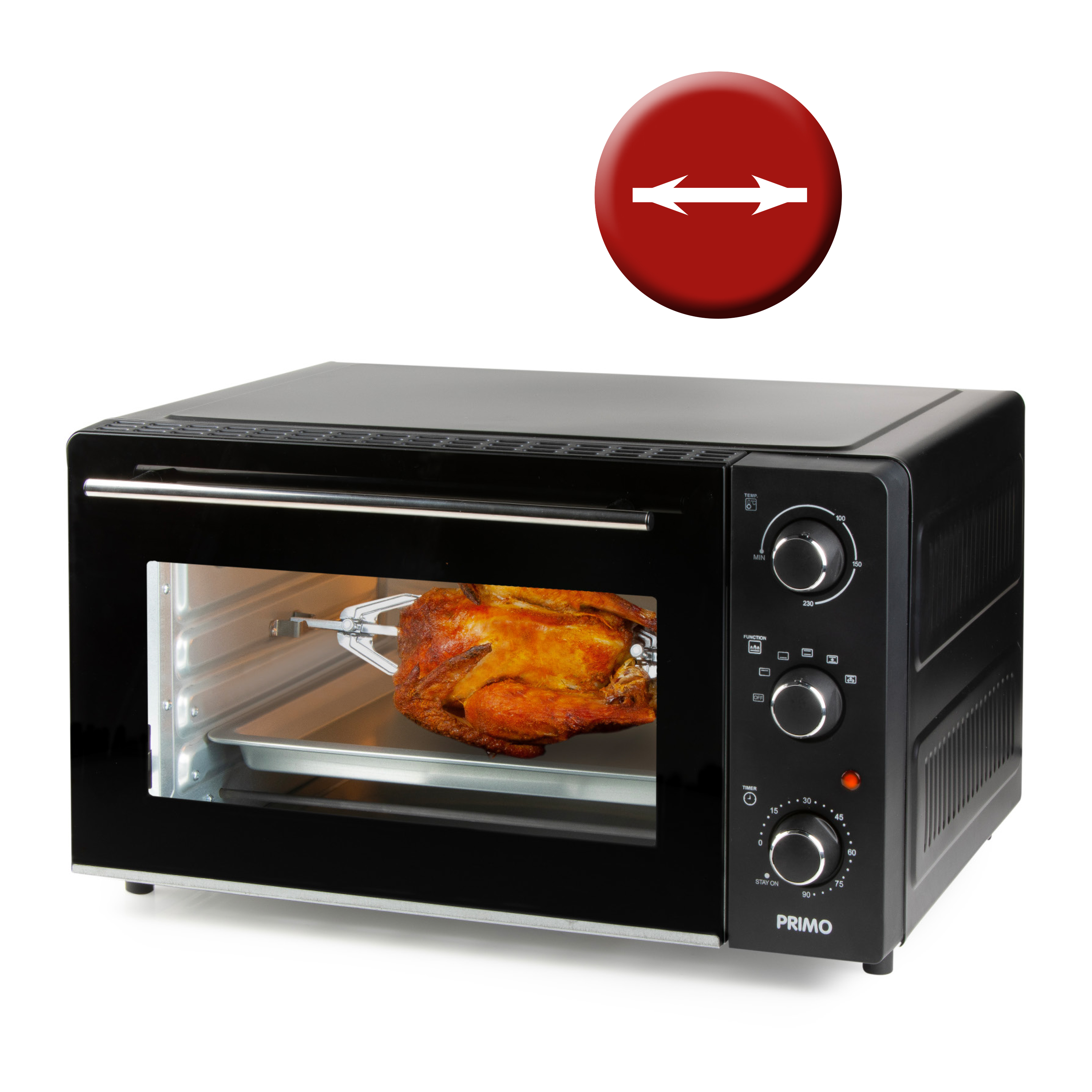 Zwarte oven met een gebraden kip erin en bedieningsknoppen. Een rood pijlbord staat in de rechterbovenhoek.
