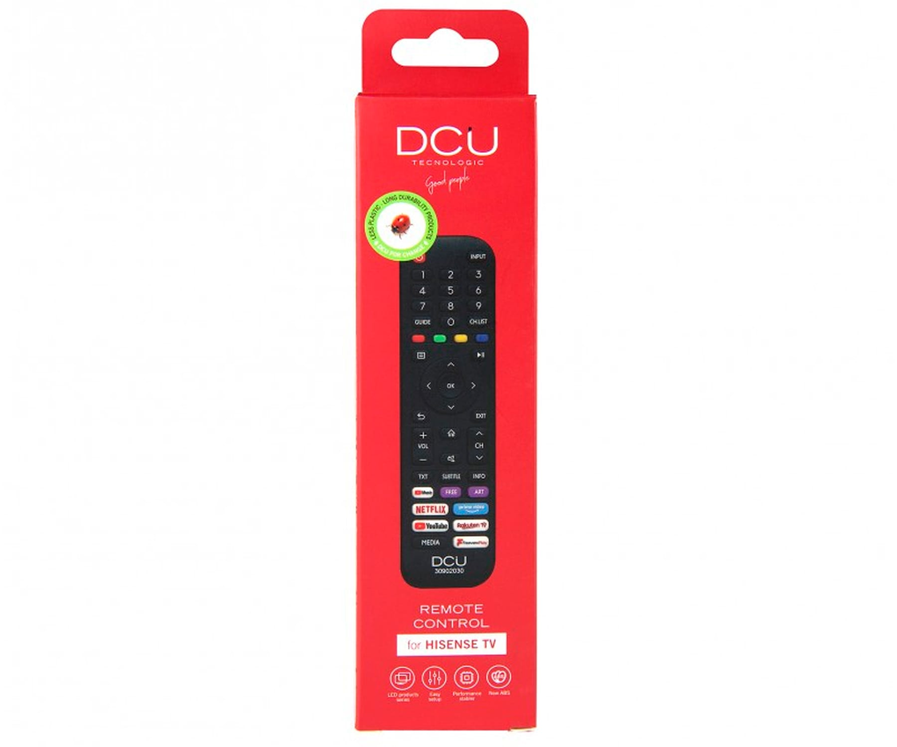 Una caja roja con un mando a distancia dentro, el mando tiene botones, para Hisense TV, fondo blanco.