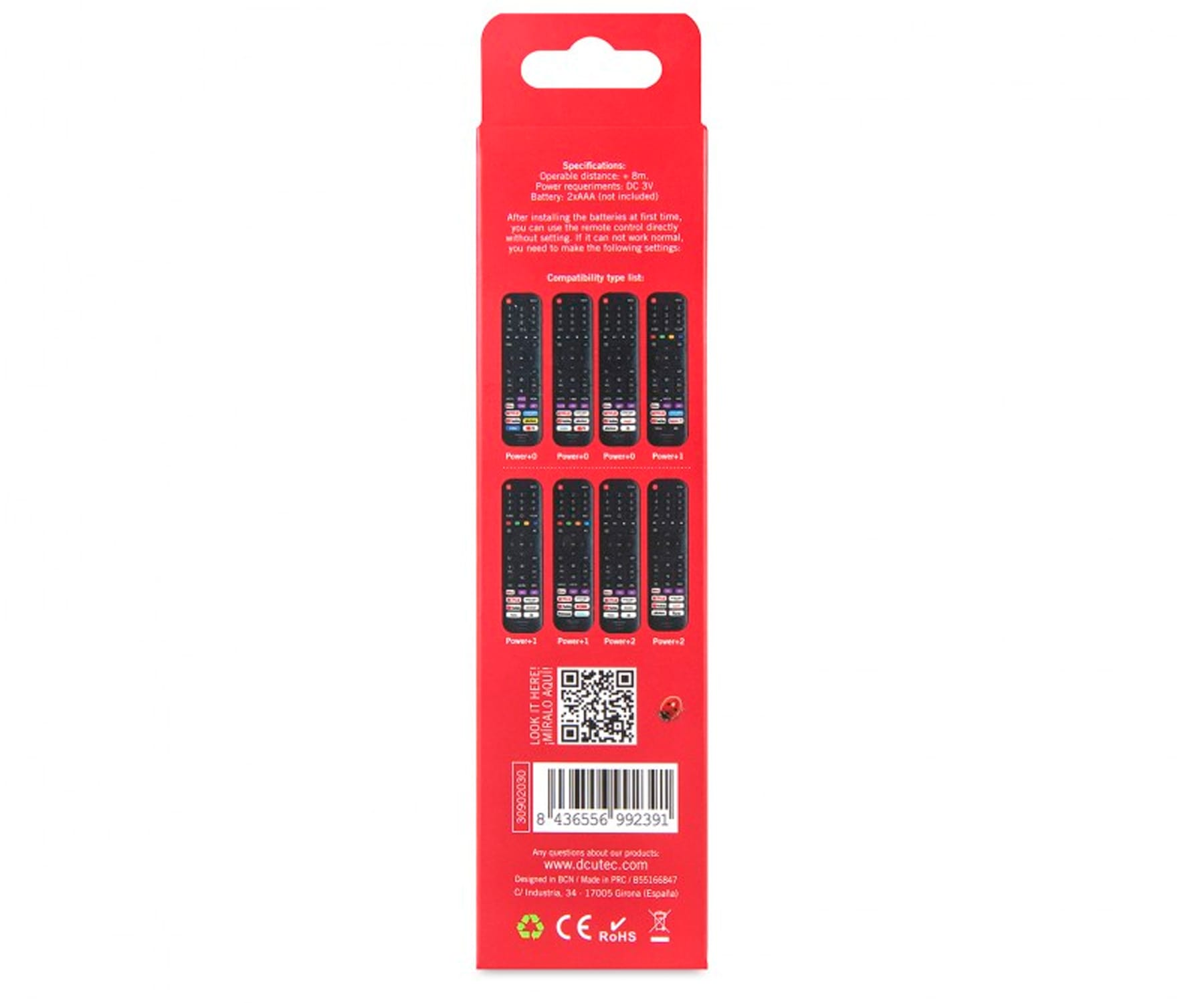 Embalaje rojo de control remoto con diagramas y especificaciones. Código QR y código de barras visibles.