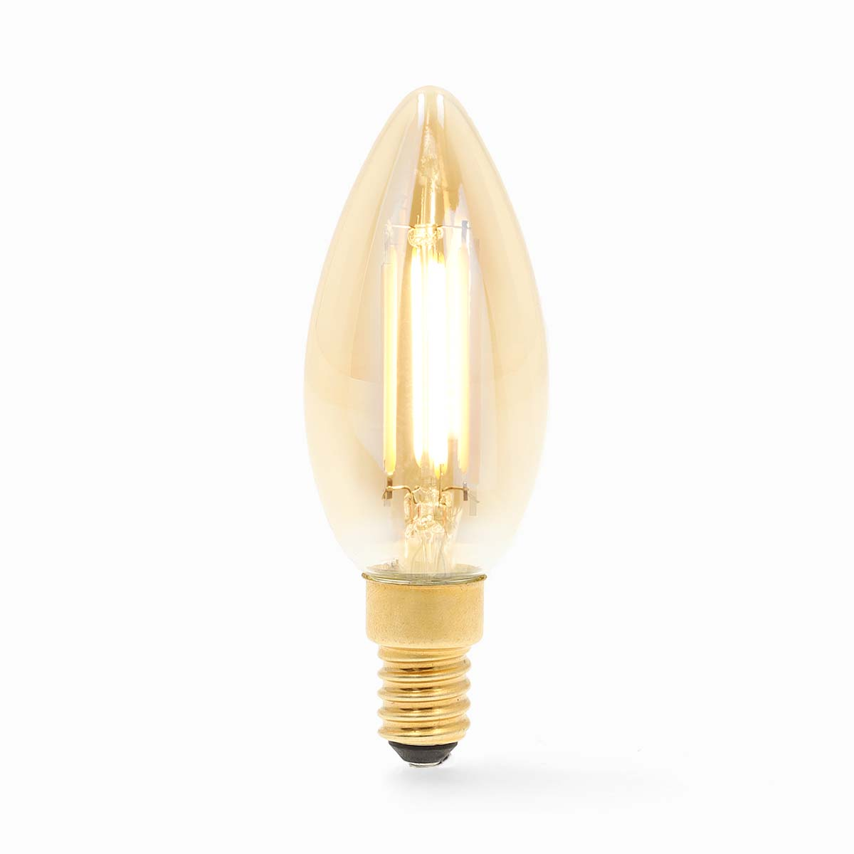 Een gloeilamp met een gouden voet en transparant, geel getint glas.